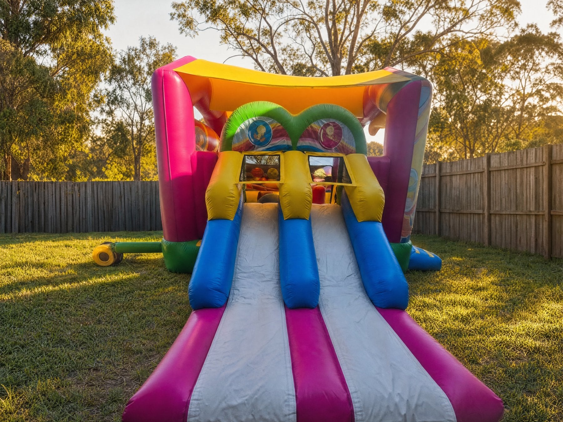 Candy Tweety Bird Castle with Slide Combo Hire - wide rear view showing the full slide length