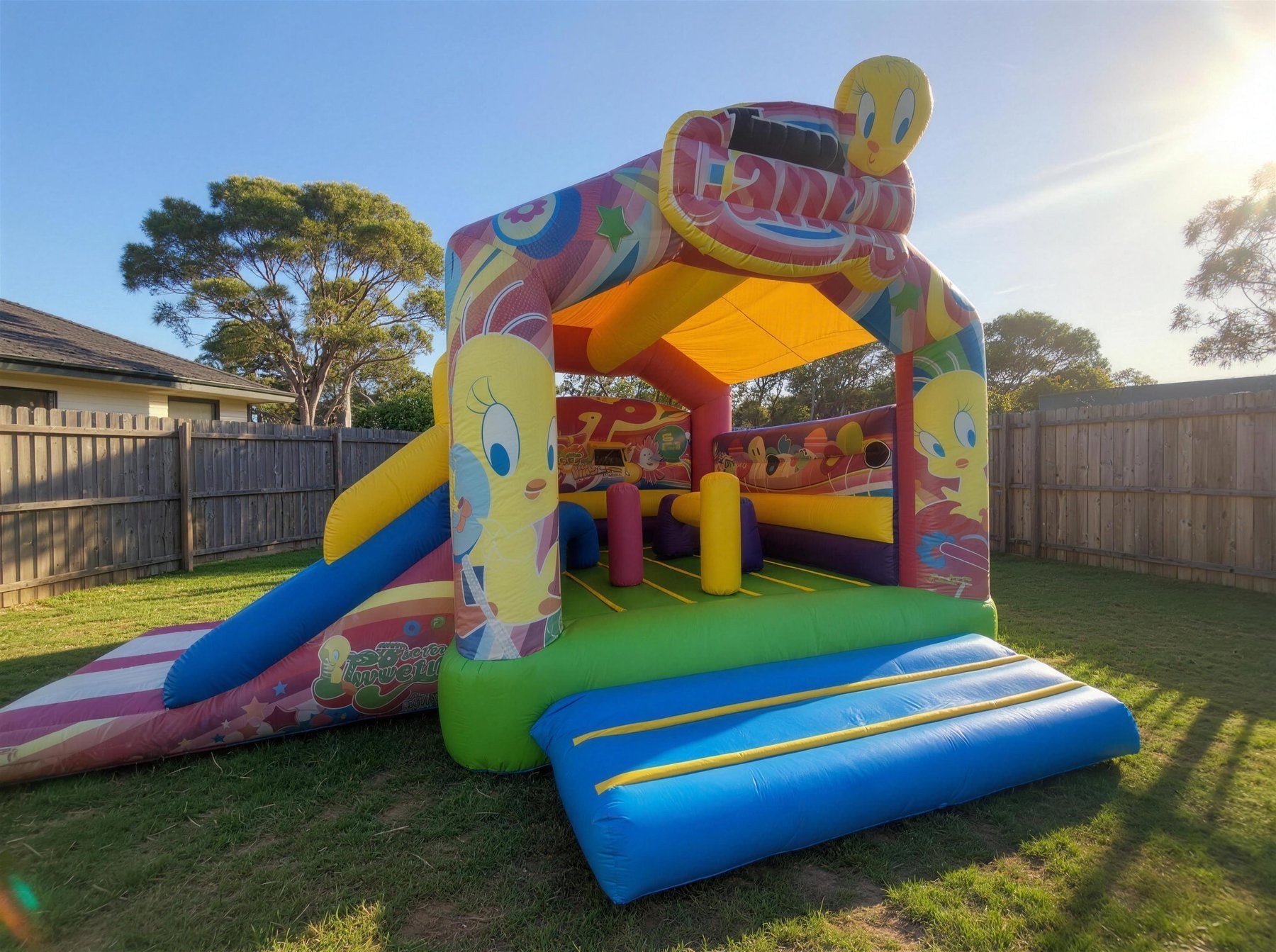 Candy Tweety Bird Castle with Slide Combo Hire - wide alternate front three-quarter view
