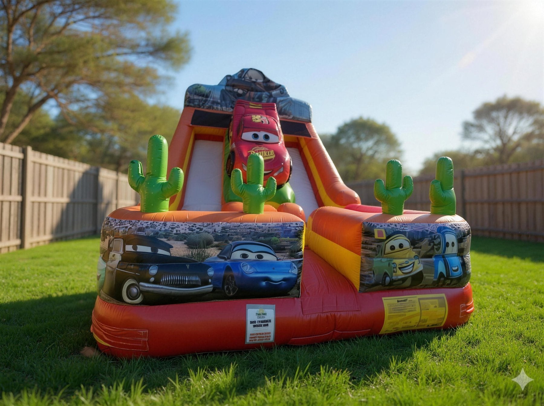 Cars Double Lane Dry Slide Hire - wide front view showing both side artwork panels