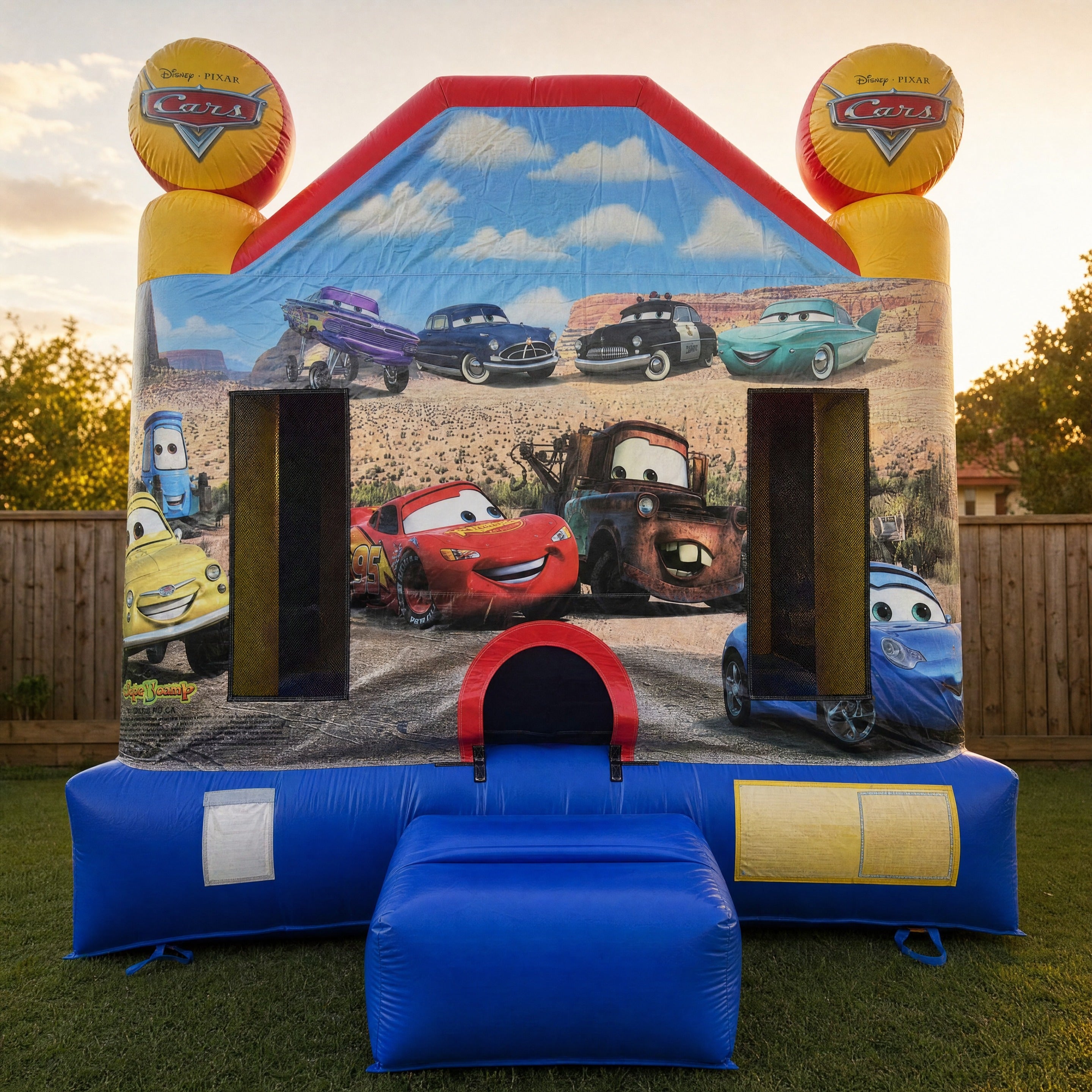 Cars Jumping Castle entrance tunnel and safety placard detail
