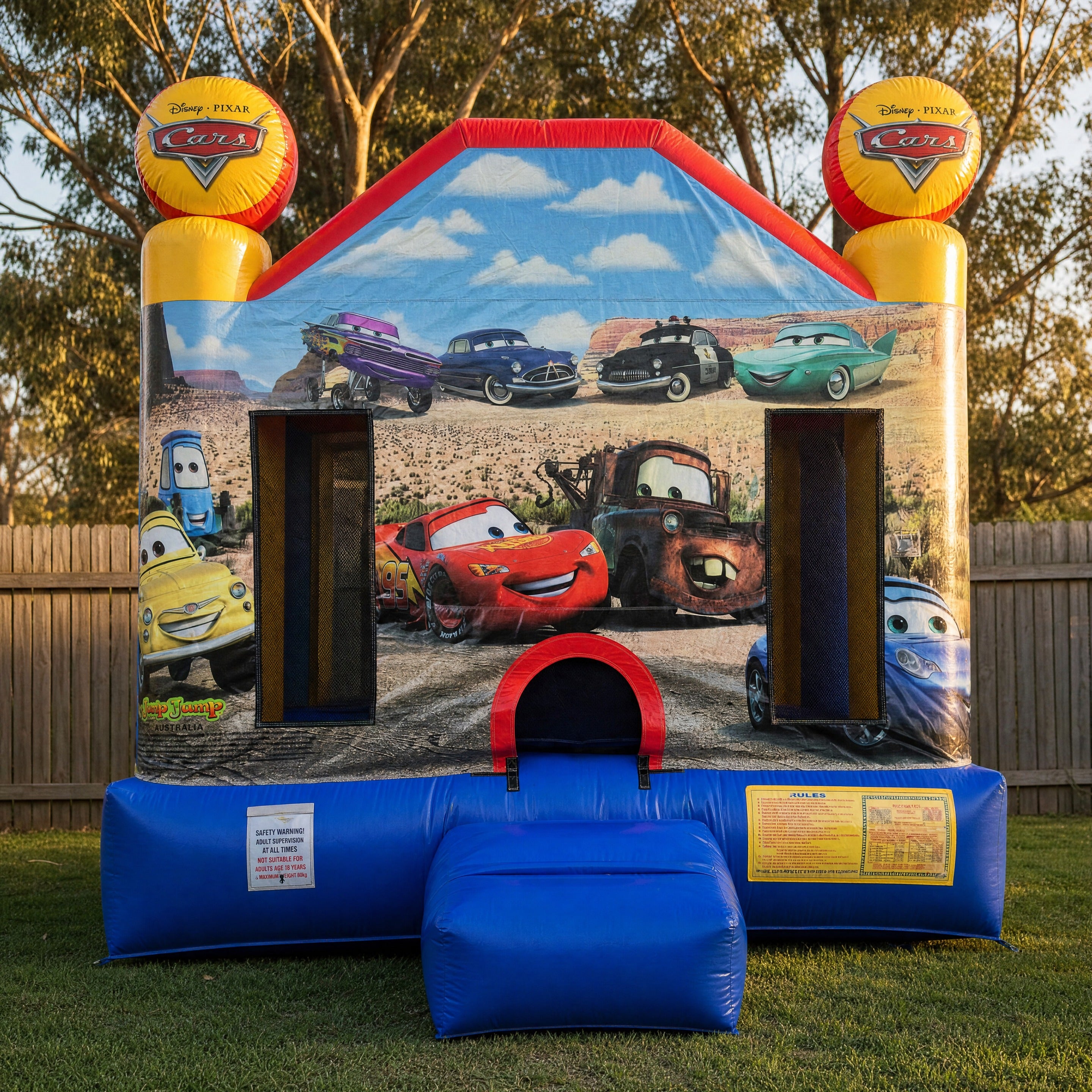 Cars Jumping Castle front view with Lightning McQueen and Mater artwork