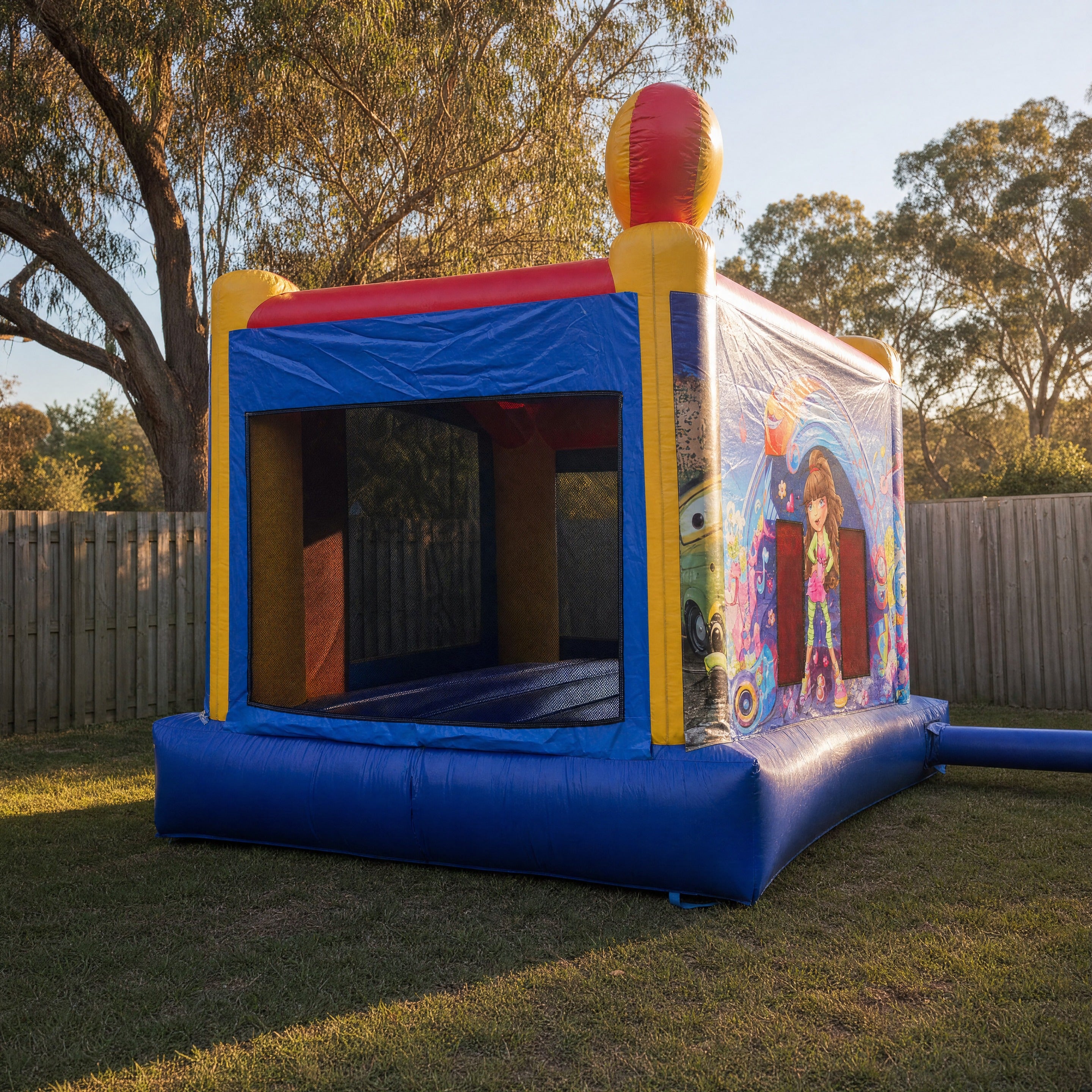Side profile of the Cars Jumping Castle showing the full unit
