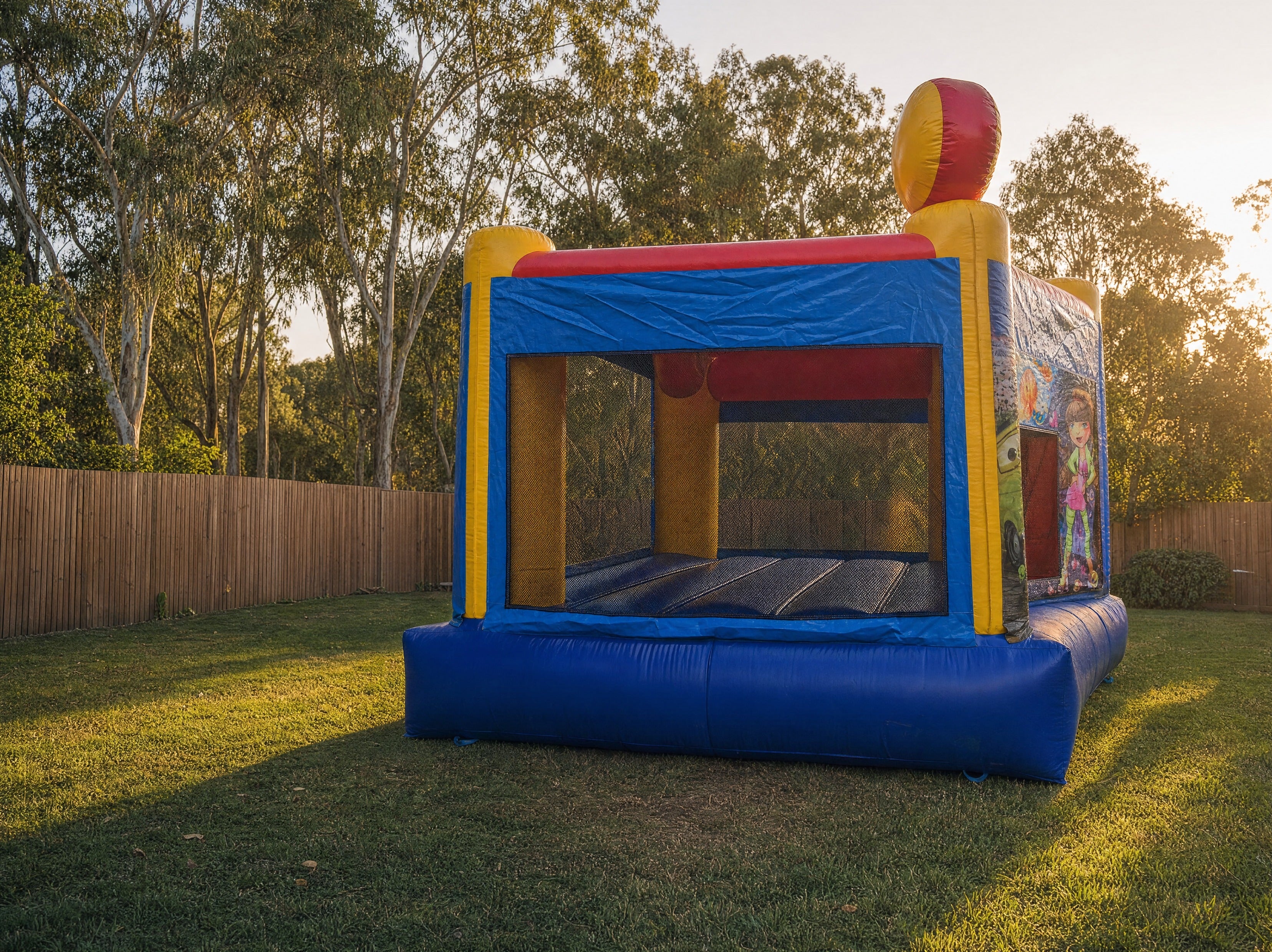 Cars Jumping Castle shown at scale from the side in a Central Coast backyard
