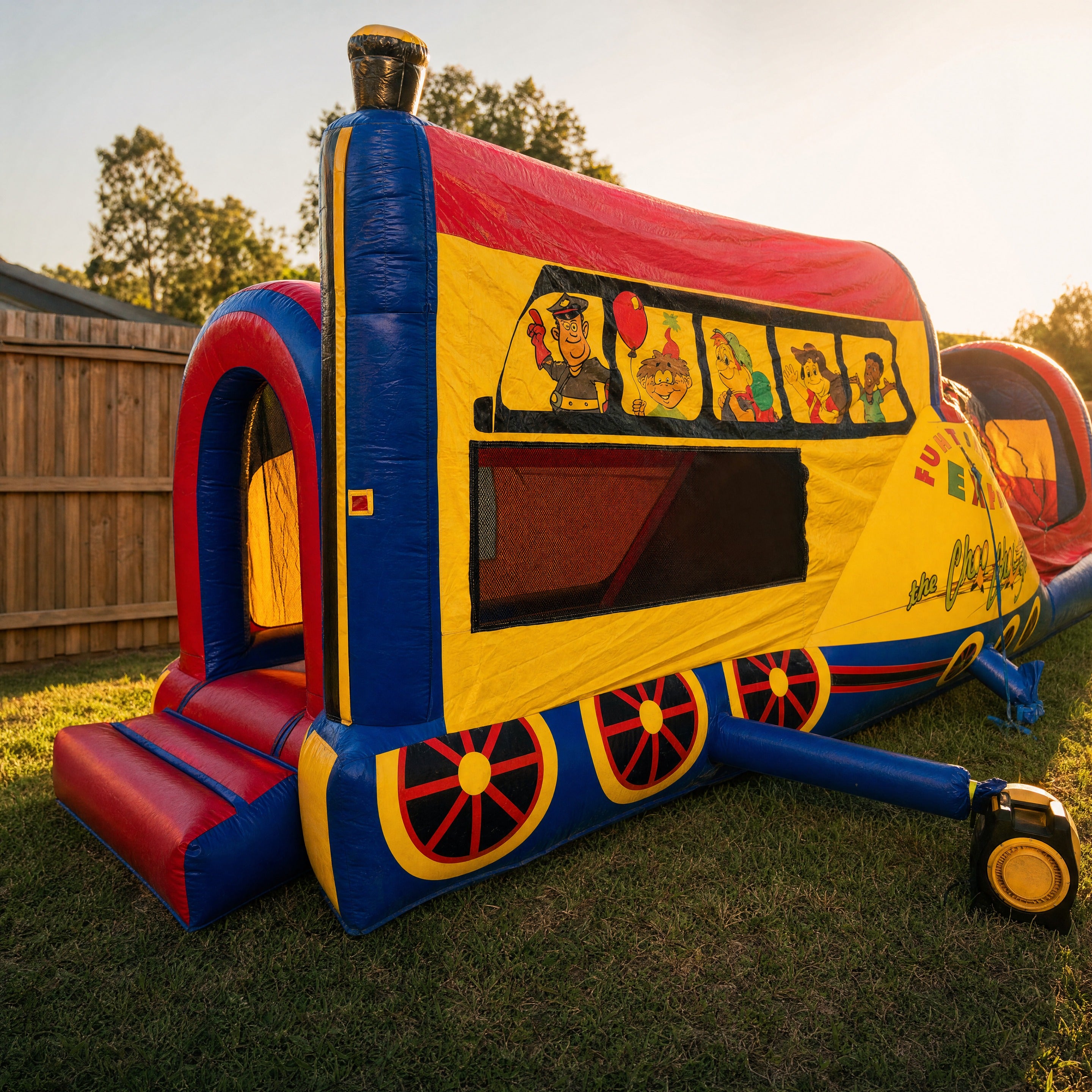 Entrance detail of the Choo Choo 3in1 Combo jumping castle showing the printed train cab artwork