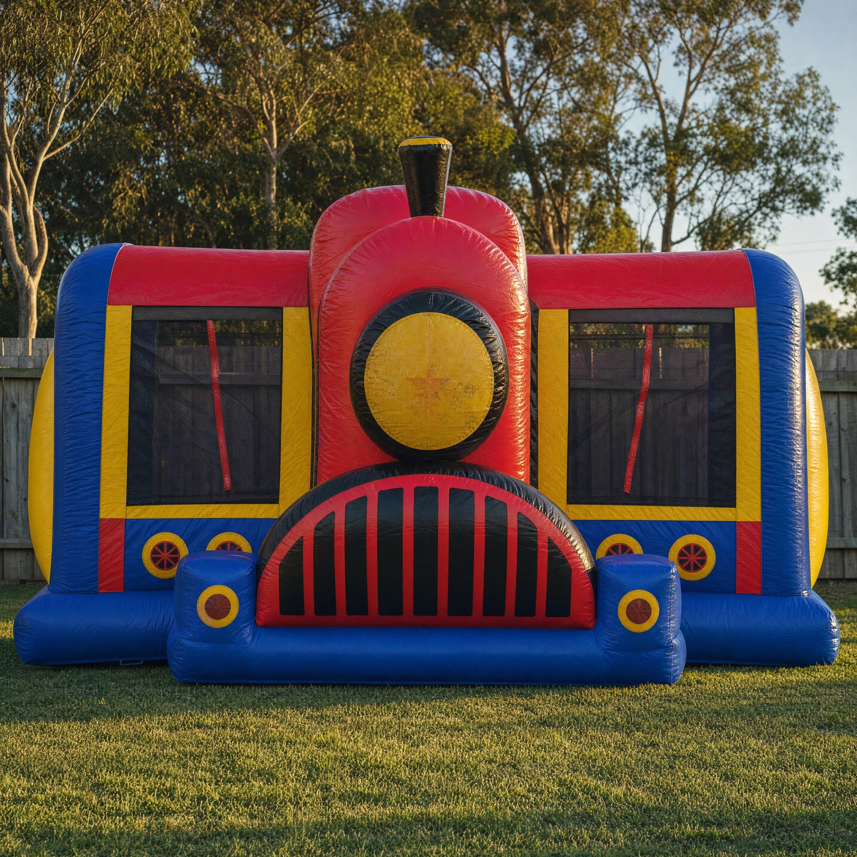 Choo Choo 3in1 Combo train-themed jumping castle, straight-on front view showing the entrance archway