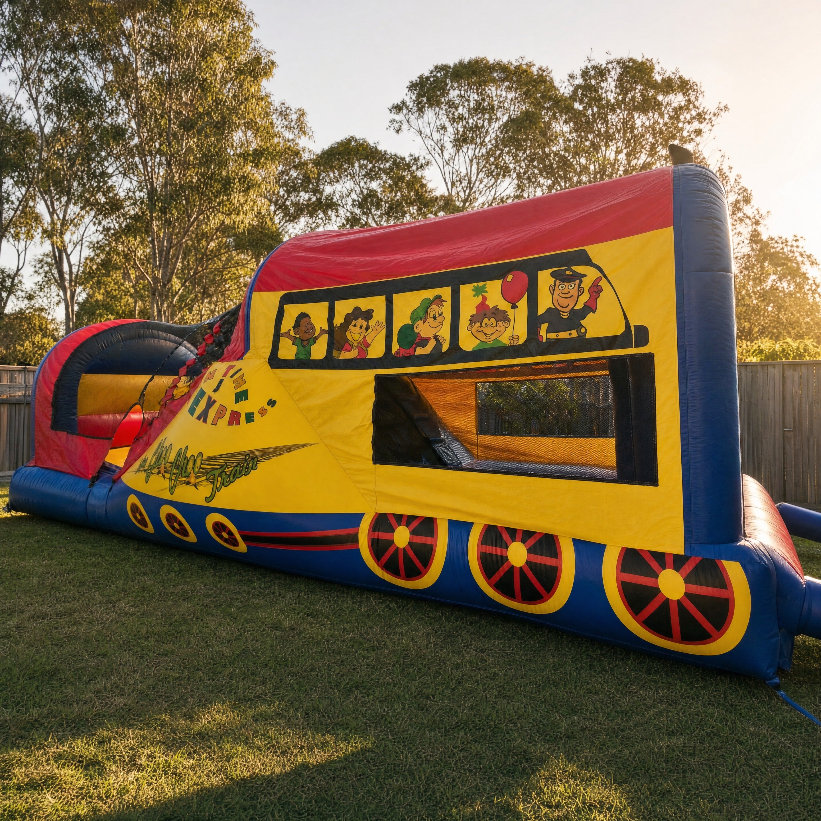 Choo Choo 3in1 Combo jumping castle hire set up in a Central Coast backyard, front three-quarter view