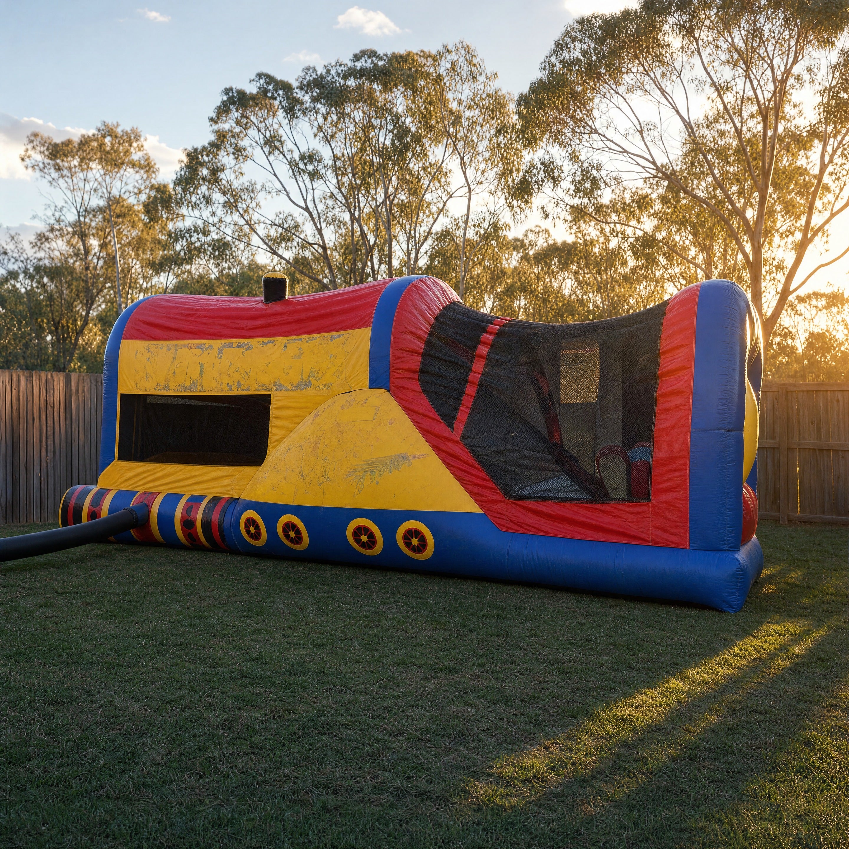 Side profile of the Choo Choo 3in1 Combo jumping castle showing the full 14m train-shaped unit