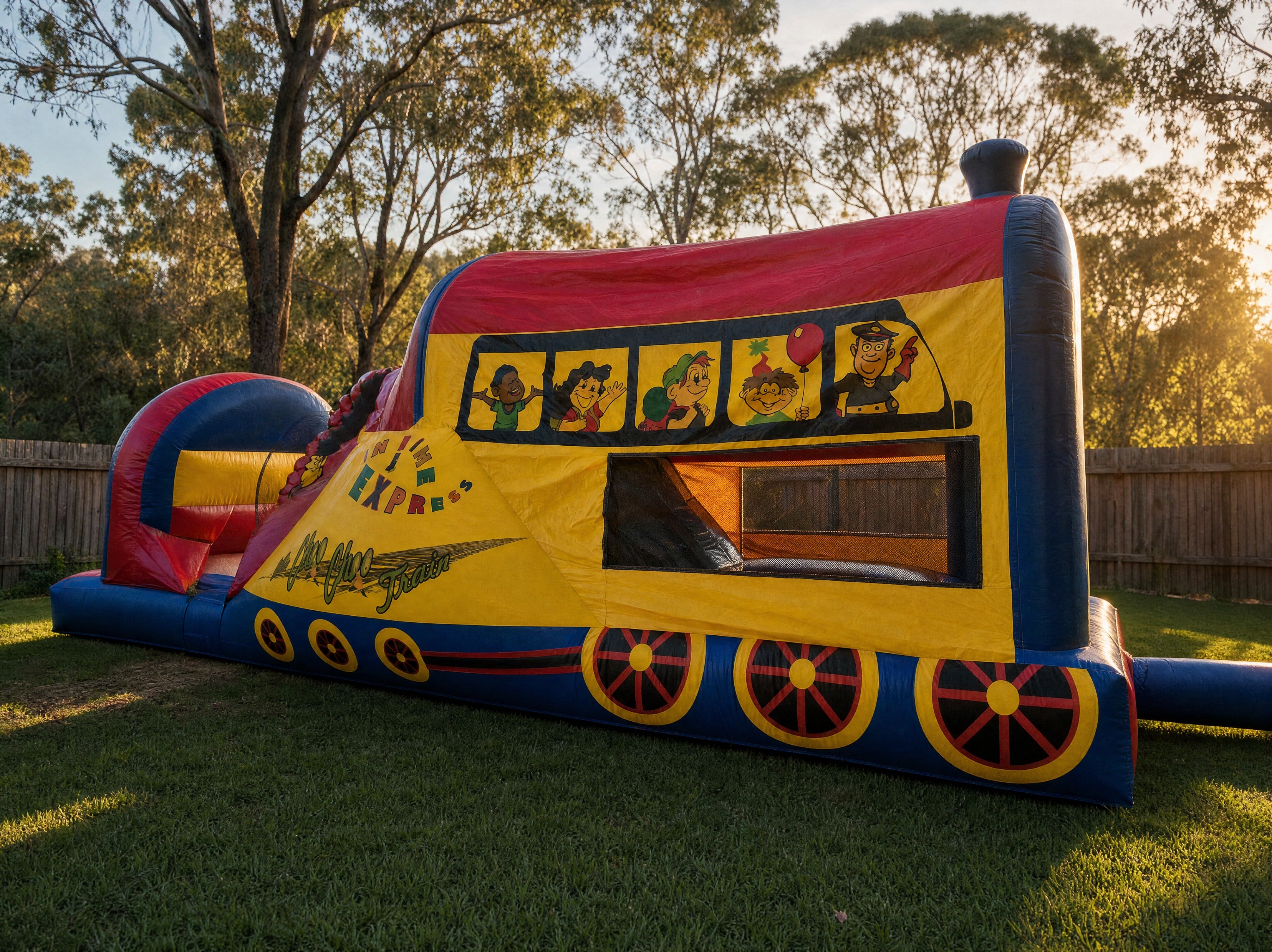 Choo Choo 3in1 Combo jumping castle hire, wide view in a Central Coast backyard