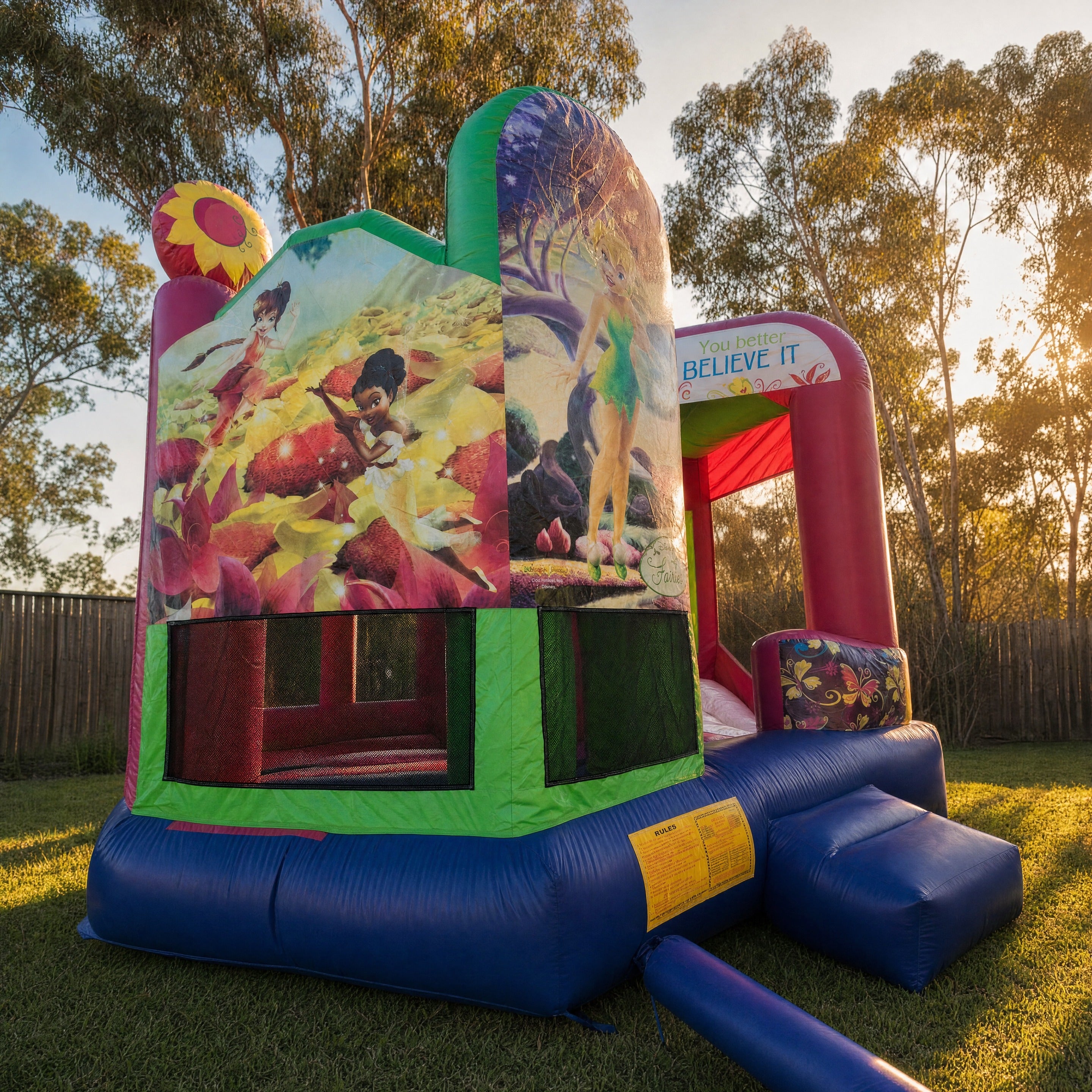 Disney Fairies 5in1 Combo jumping castle hire, front three-quarter view, Central Coast backyard
