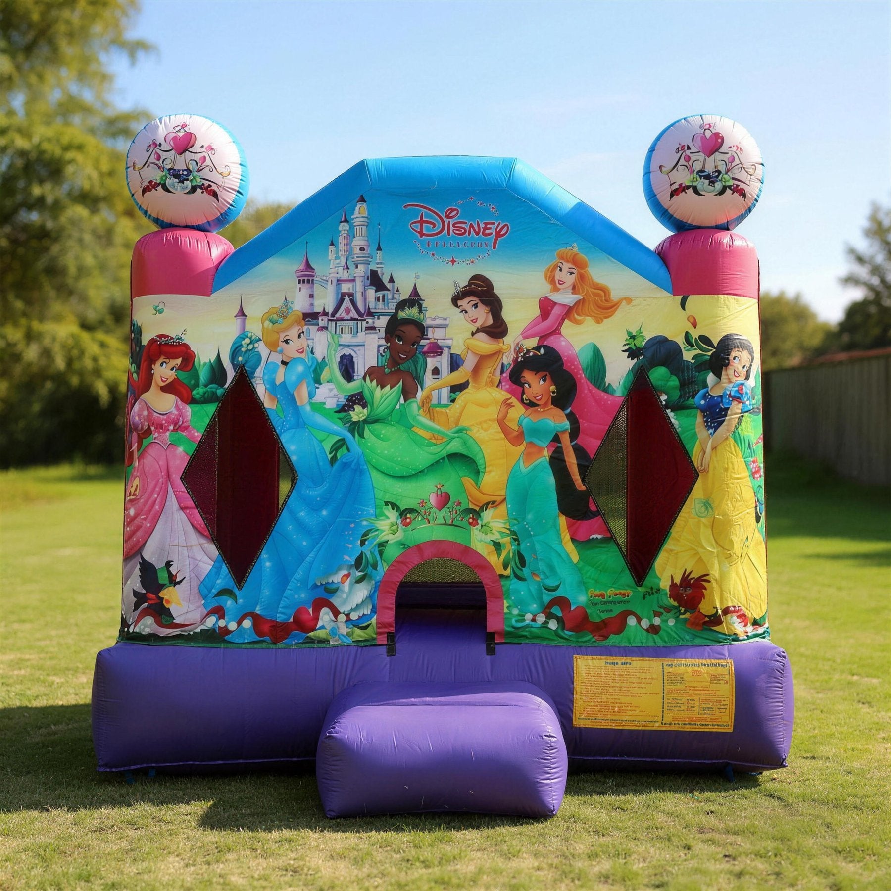 Disney Princess 2 Jumping Castle Hire Central Coast - front three-quarter view of the real castle in a Central Coast backyard
