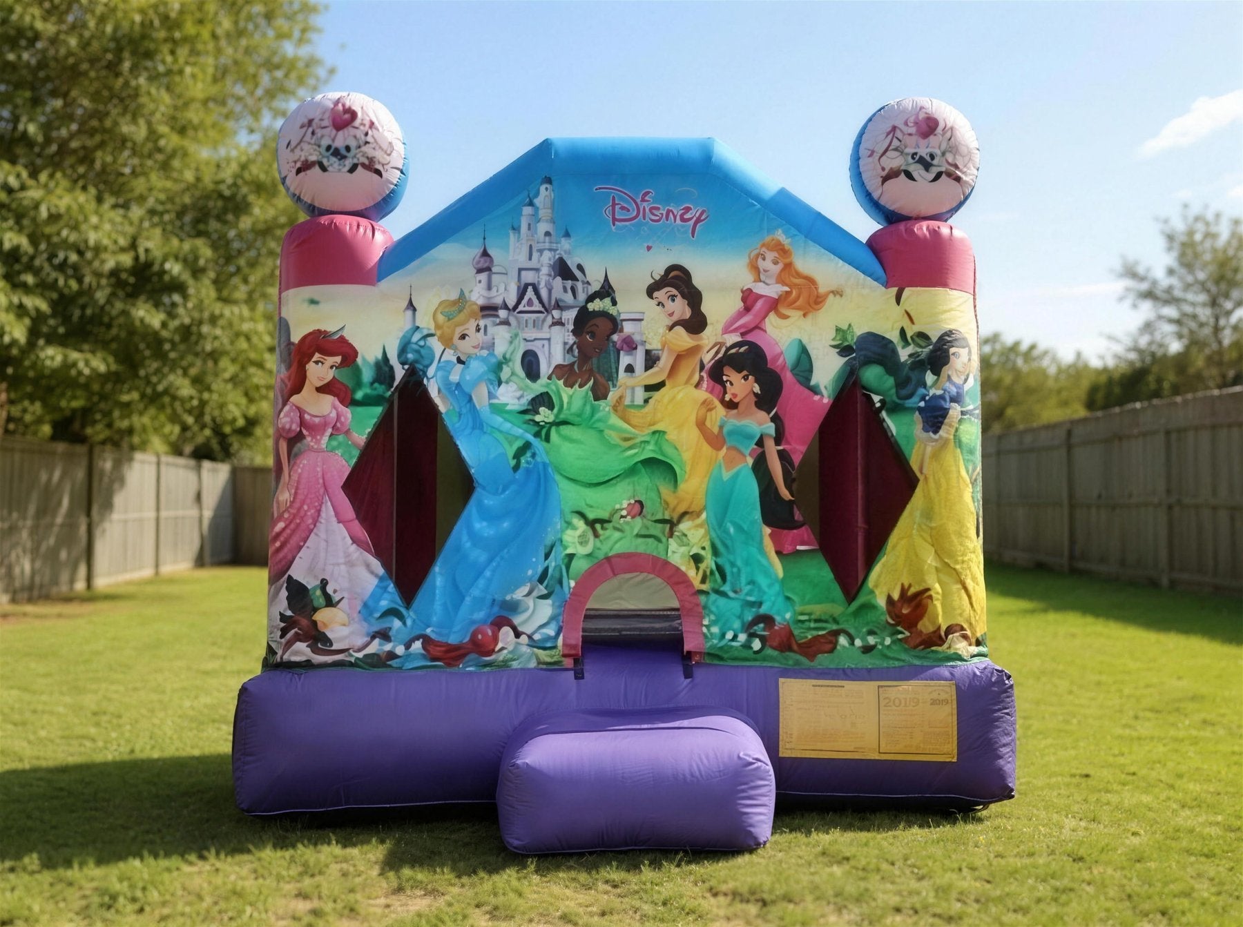 Disney Princess 2 Jumping Castle Hire Central Coast - wide pulled back view showing true size in a backyard