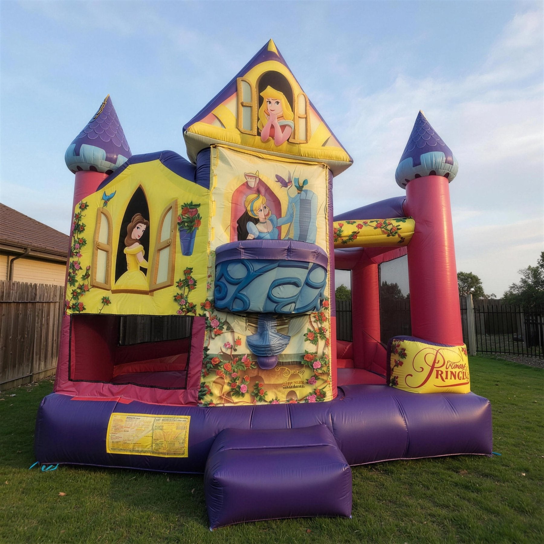 Straight-on front view of a Disney Princess jumping castle combo with Belle and Cinderella artwork