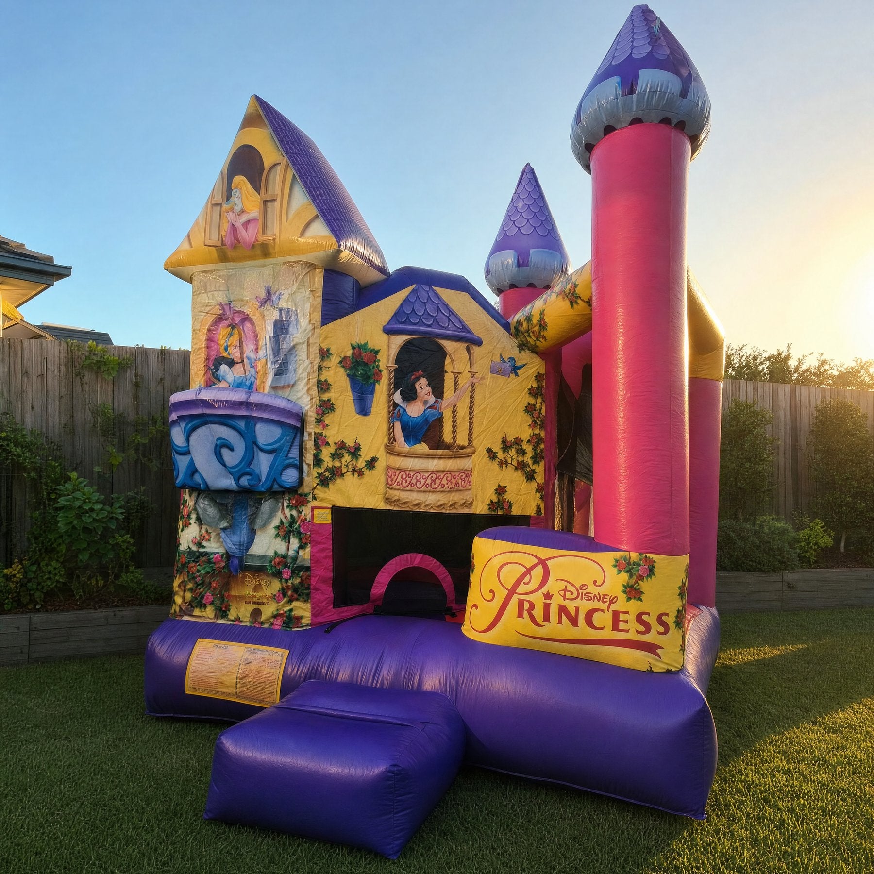 Purple and pink Disney Princess jumping castle combo in a backyard at golden hour