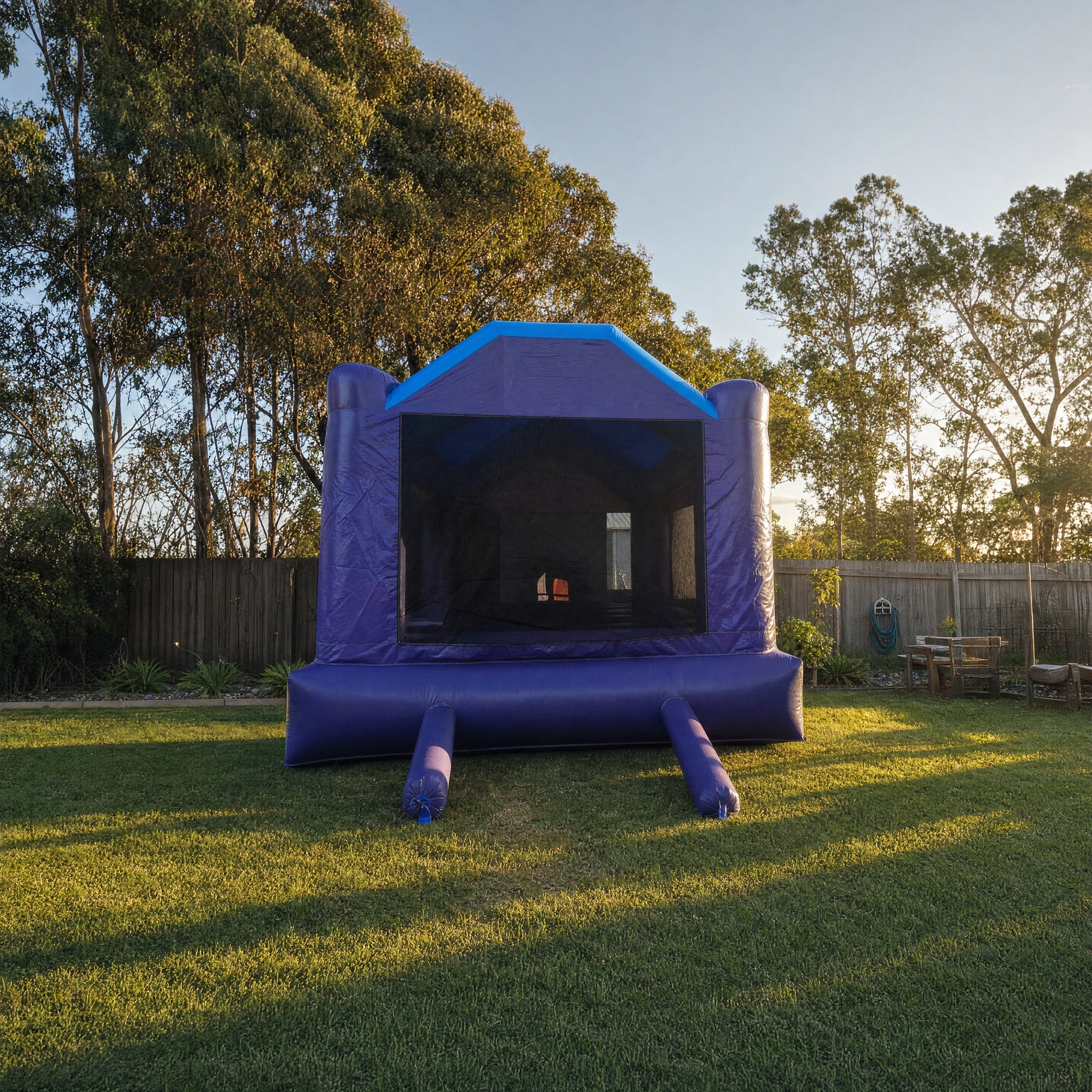 Disney Princess Jumping Castle shown at true scale in a Central Coast backyard
