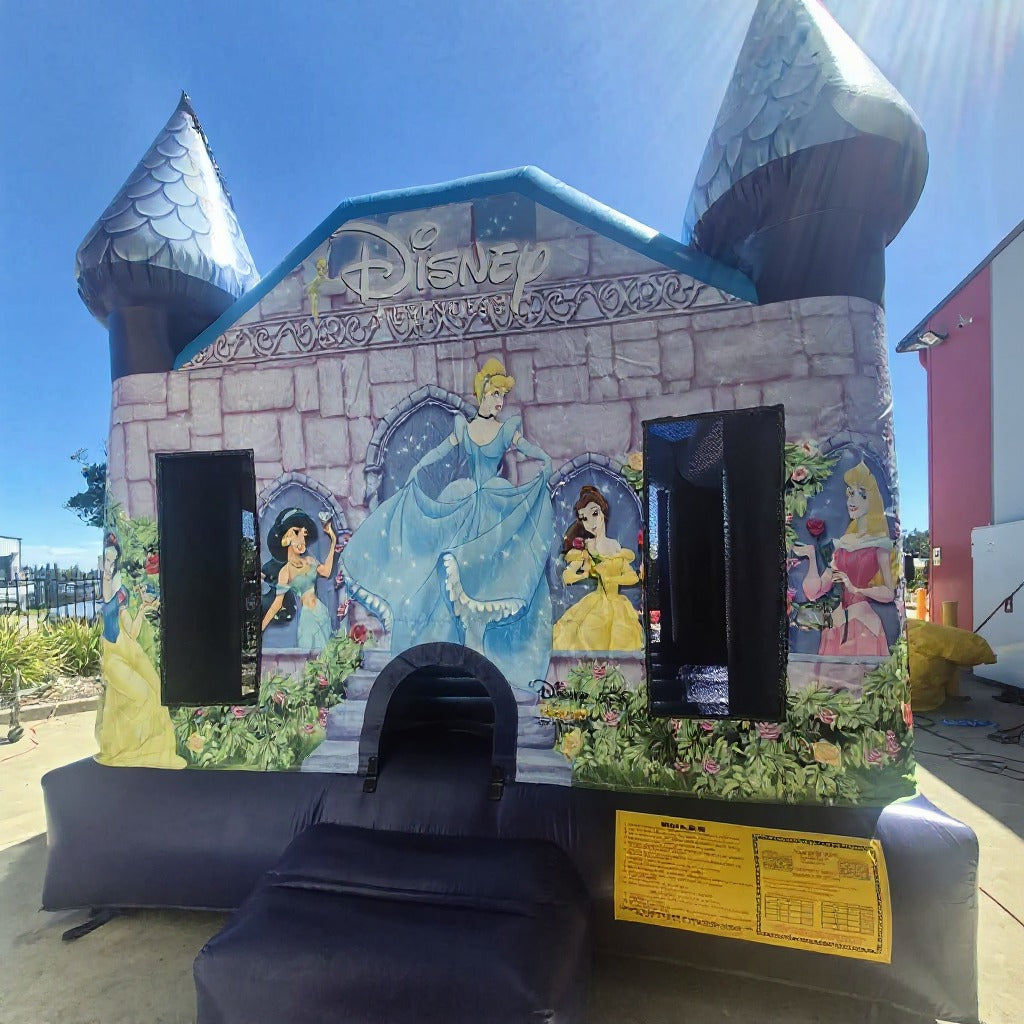 Disney Princess Jumping Castle front view showing Cinderella, Belle, Aurora and Jasmine artwork