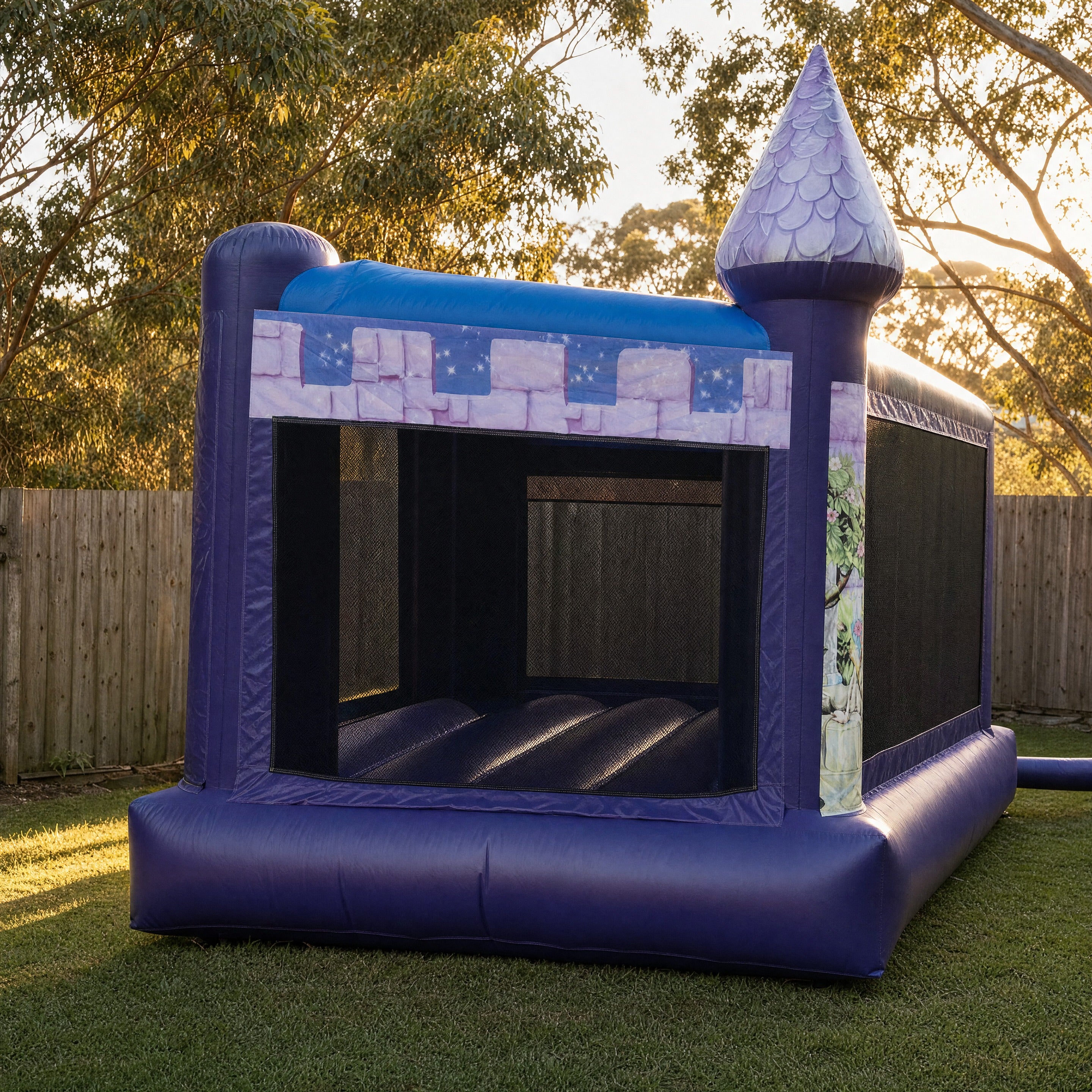 Disney Princess Jumping Castle rear three-quarter profile in a Central Coast backyard
