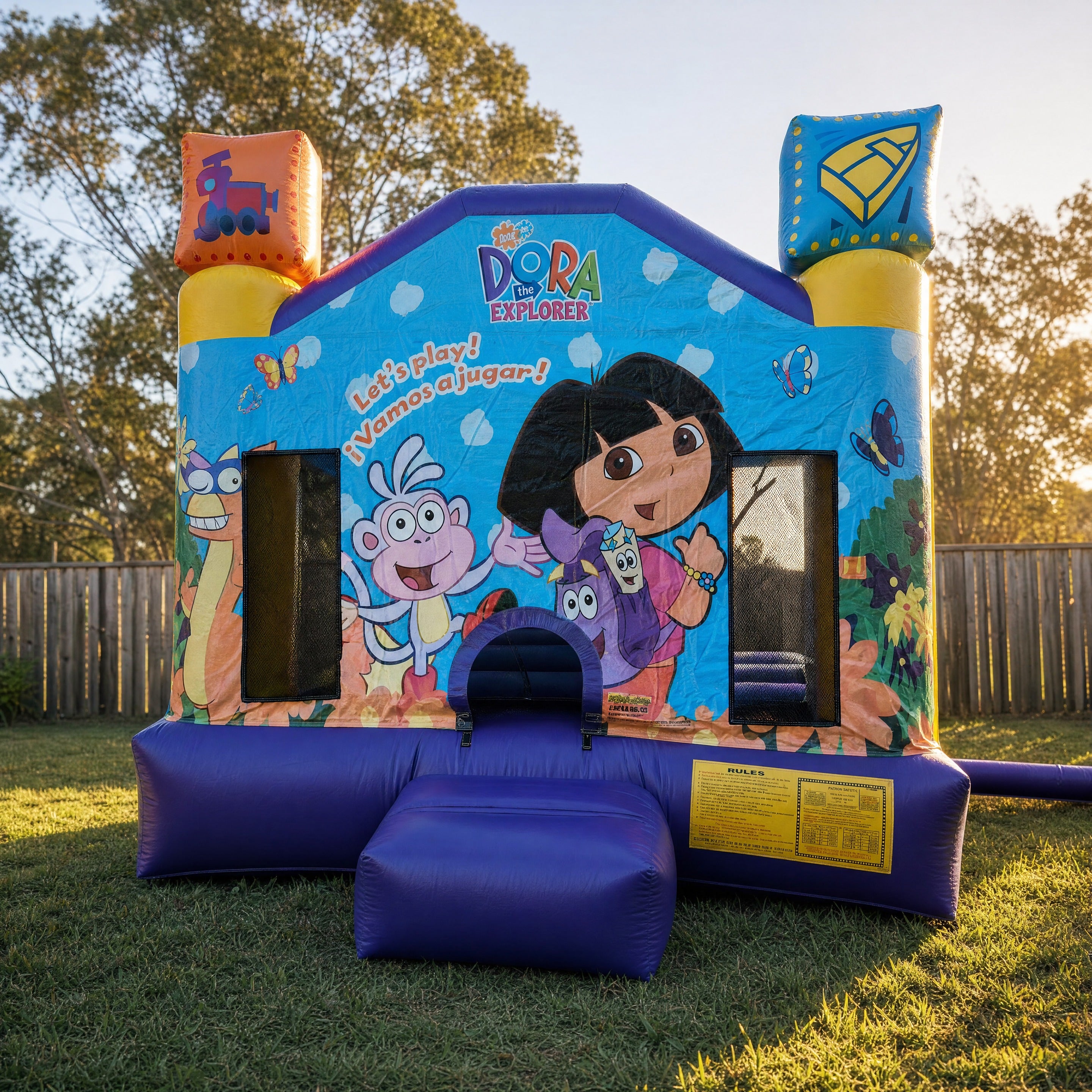 Dora Jumping Castle straight-on front panel showing Dora the Explorer and Boots artwork