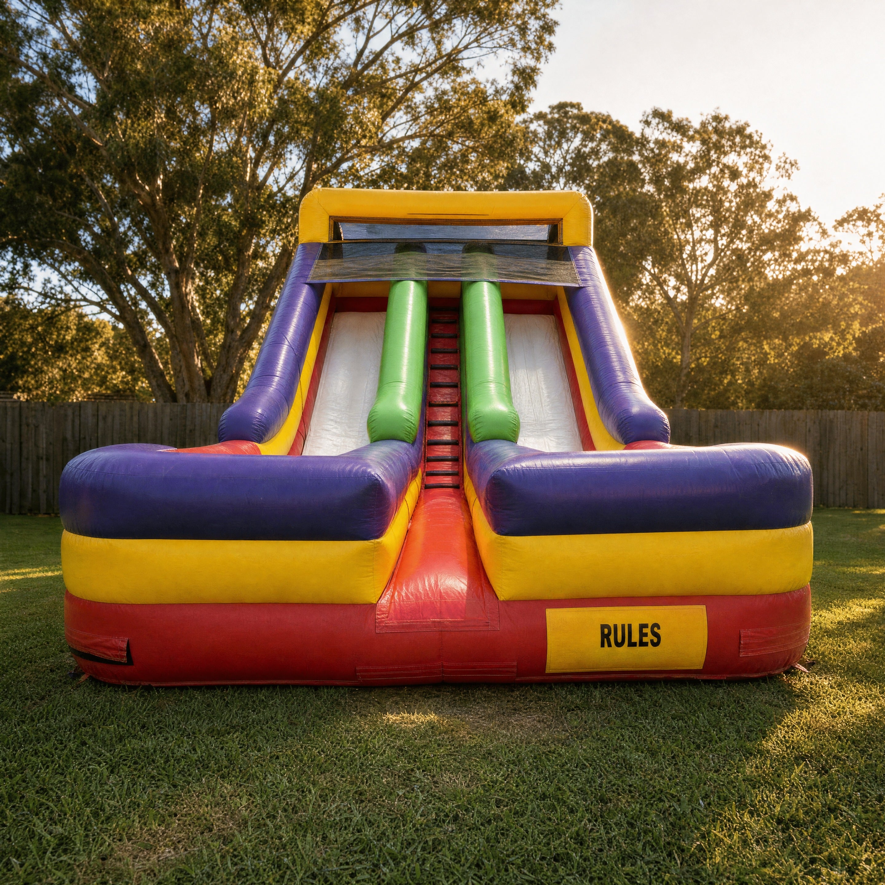 Double lane dry slide hire, straight-on front view showing both racing lanes