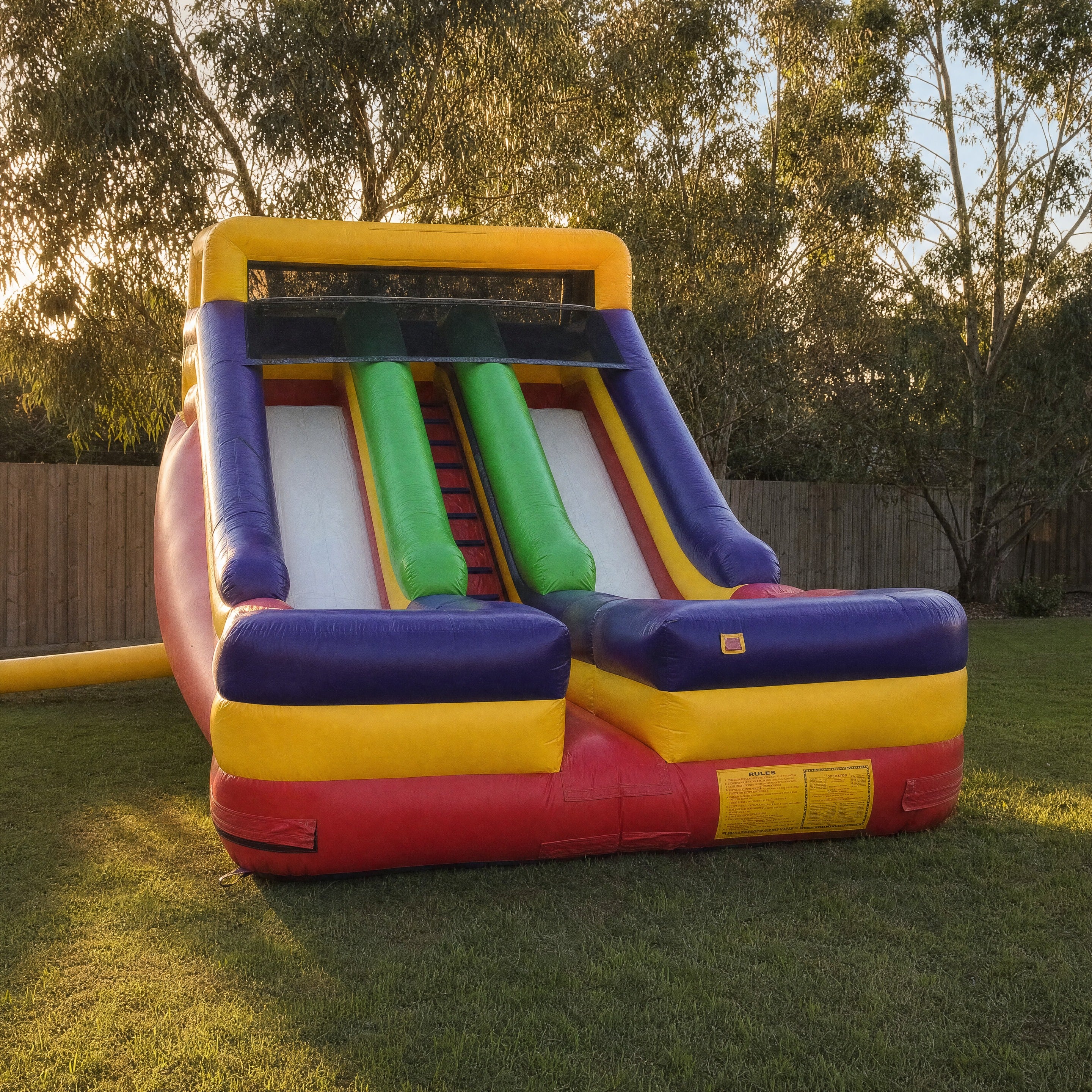 Double lane dry slide set up in a Central Coast backyard, front three-quarter view