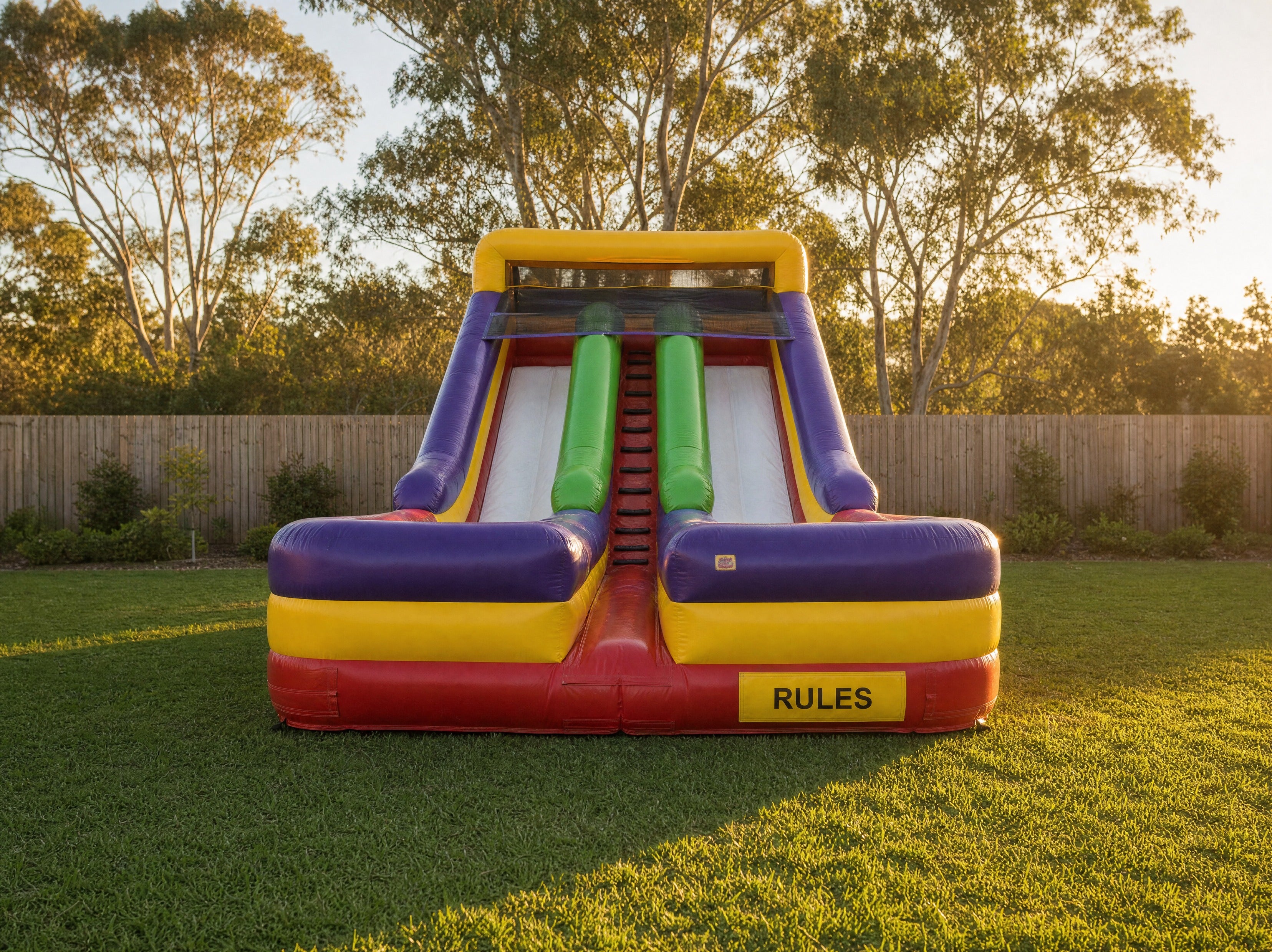 Double lane dry slide hire, wide straight-on front view