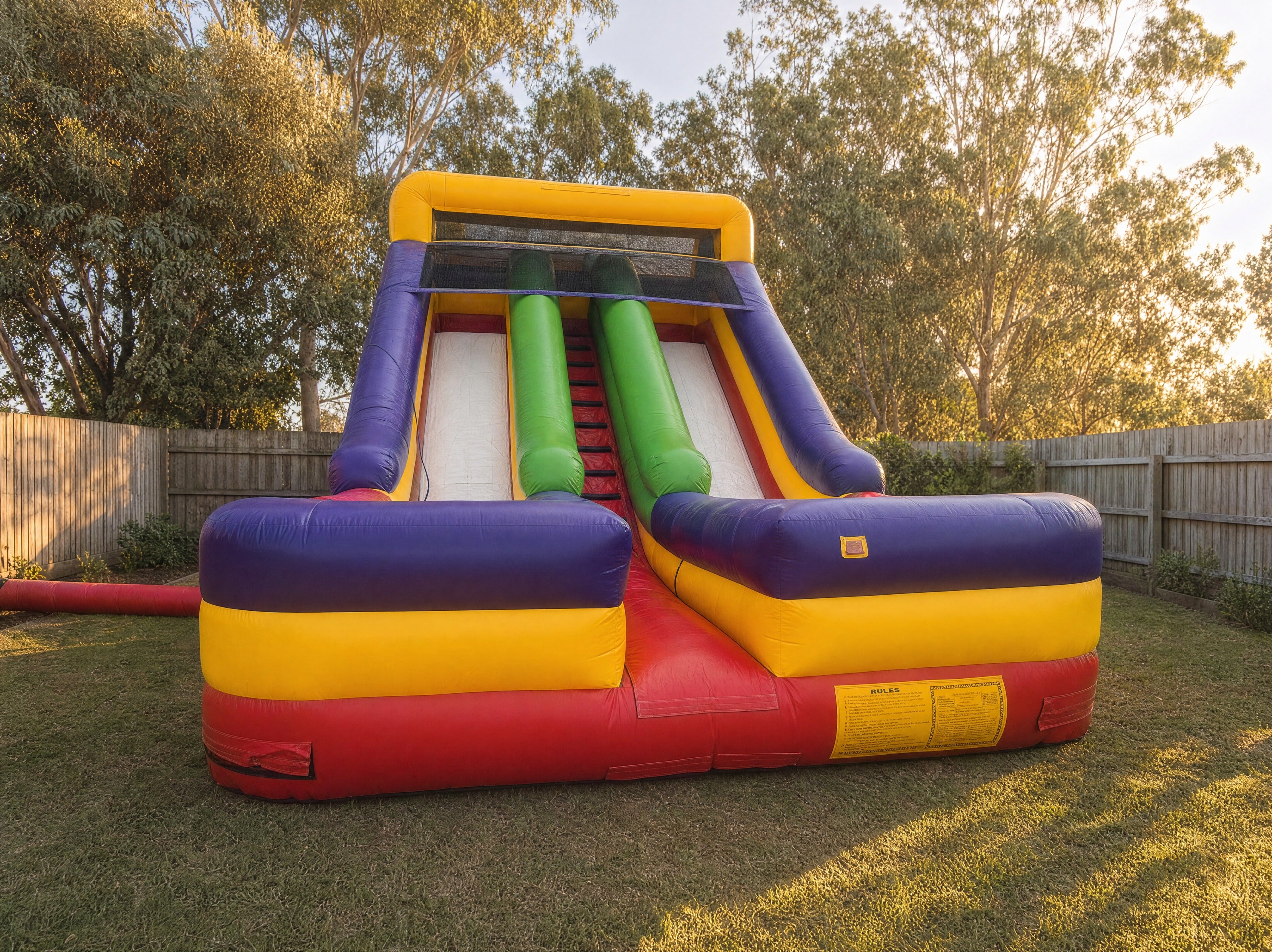Double lane dry slide hire, wide front three-quarter view in a Central Coast backyard