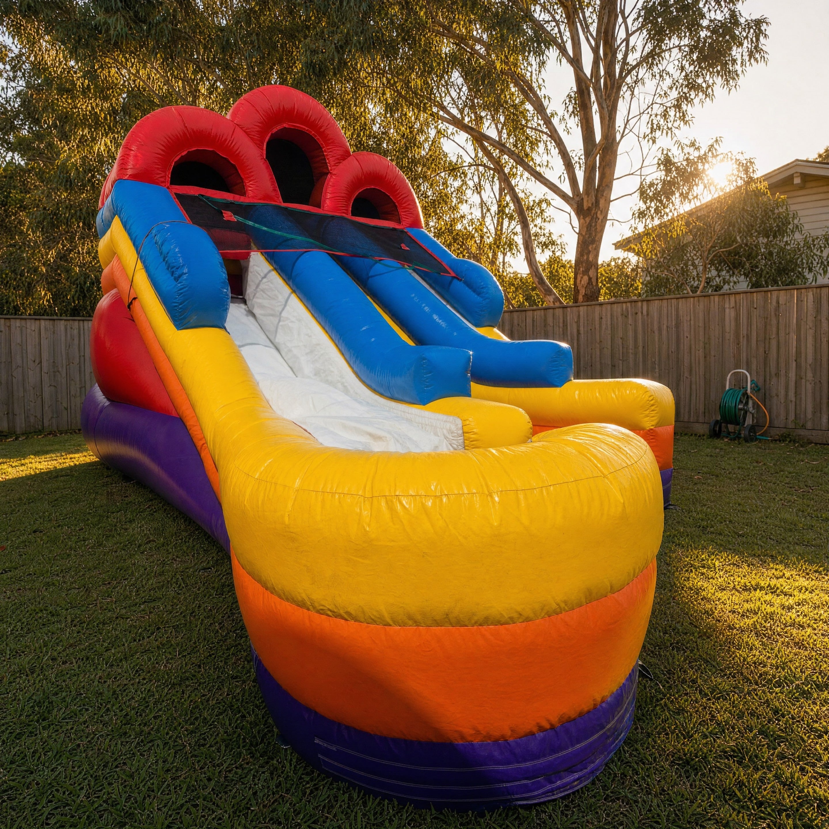 Double Lane Water Slide Hire - low angle view showing true size in a backyard