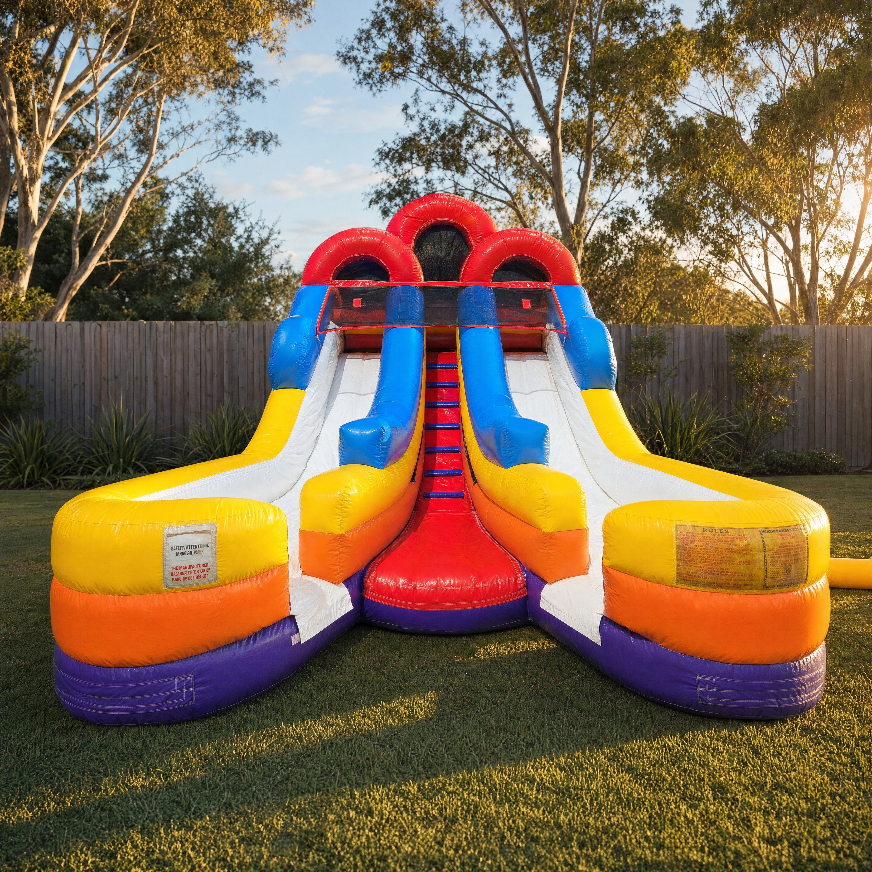 Double Lane Water Slide Hire - straight-on front elevation showing both racing lanes