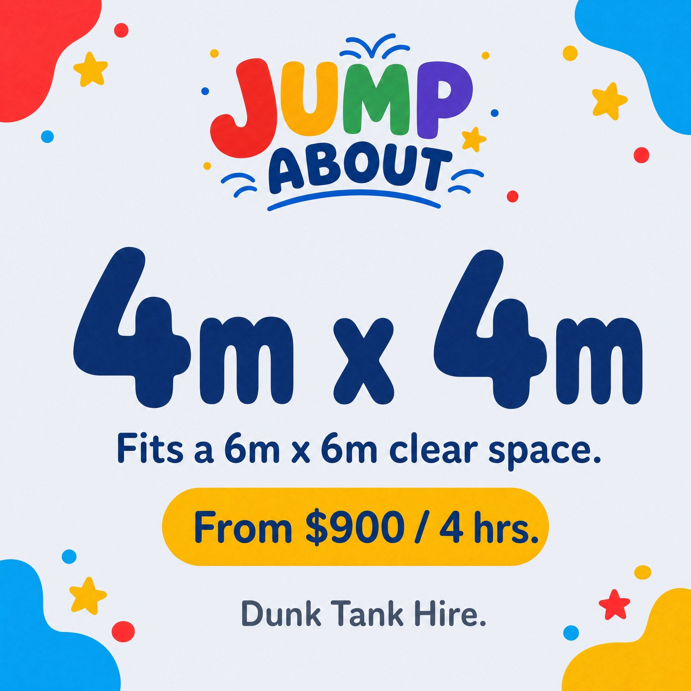 Dunk Tank hire dimensions and pricing info card, Jump About