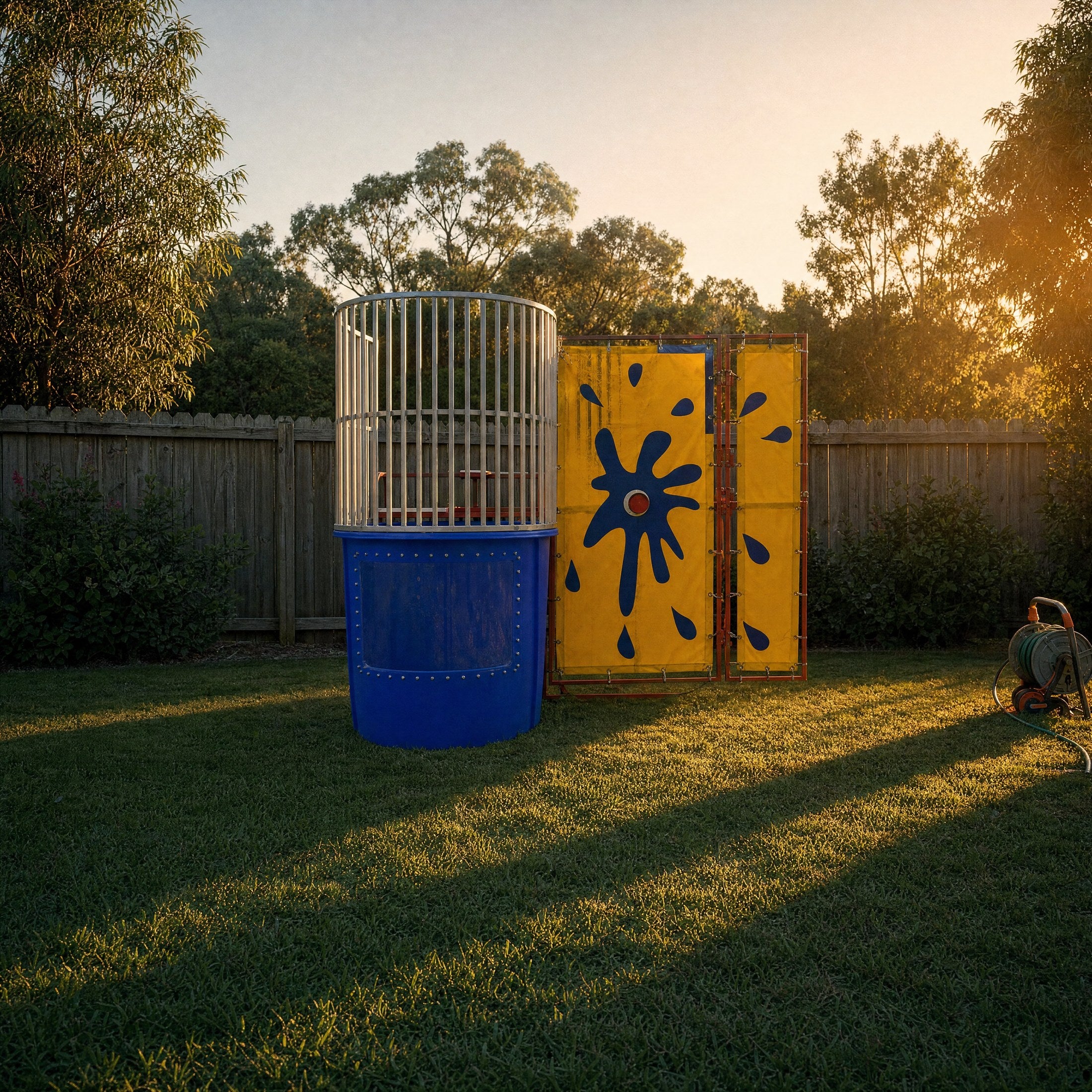 Dunk Tank hire shown at true scale in a Central Coast backyard, Jump About