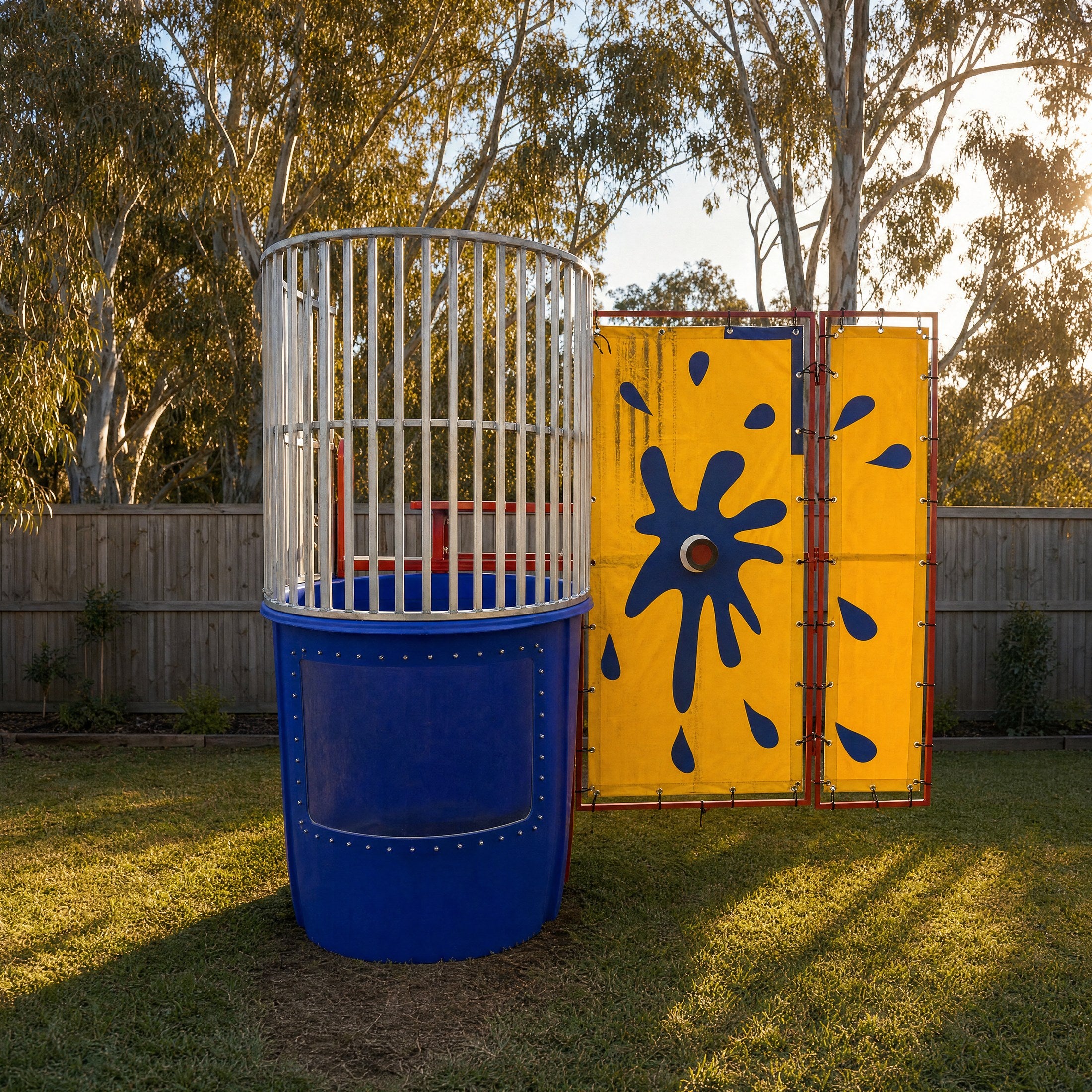 Dunk Tank splash target panel facing forward in a Central Coast backyard, Jump About