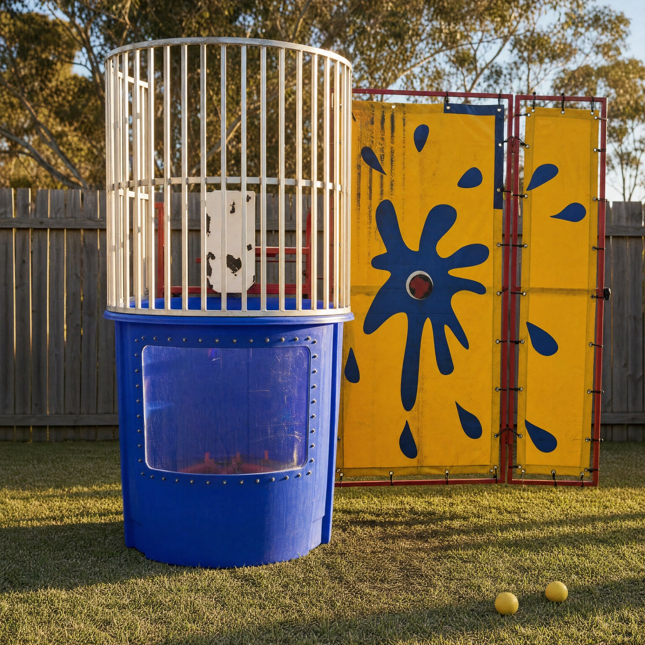 Dunk Tank hire set up in a Central Coast backyard at golden hour, Jump About
