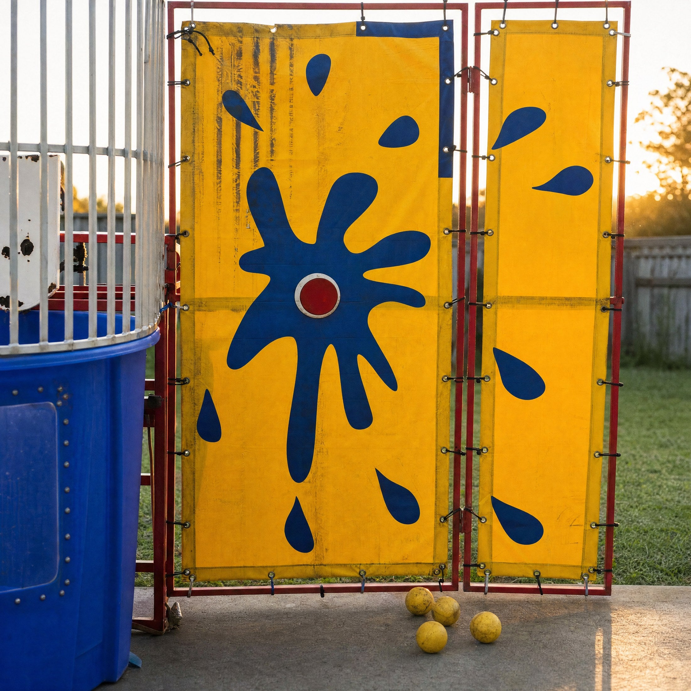 Close up of the Dunk Tank bullseye target and throwing balls, Jump About