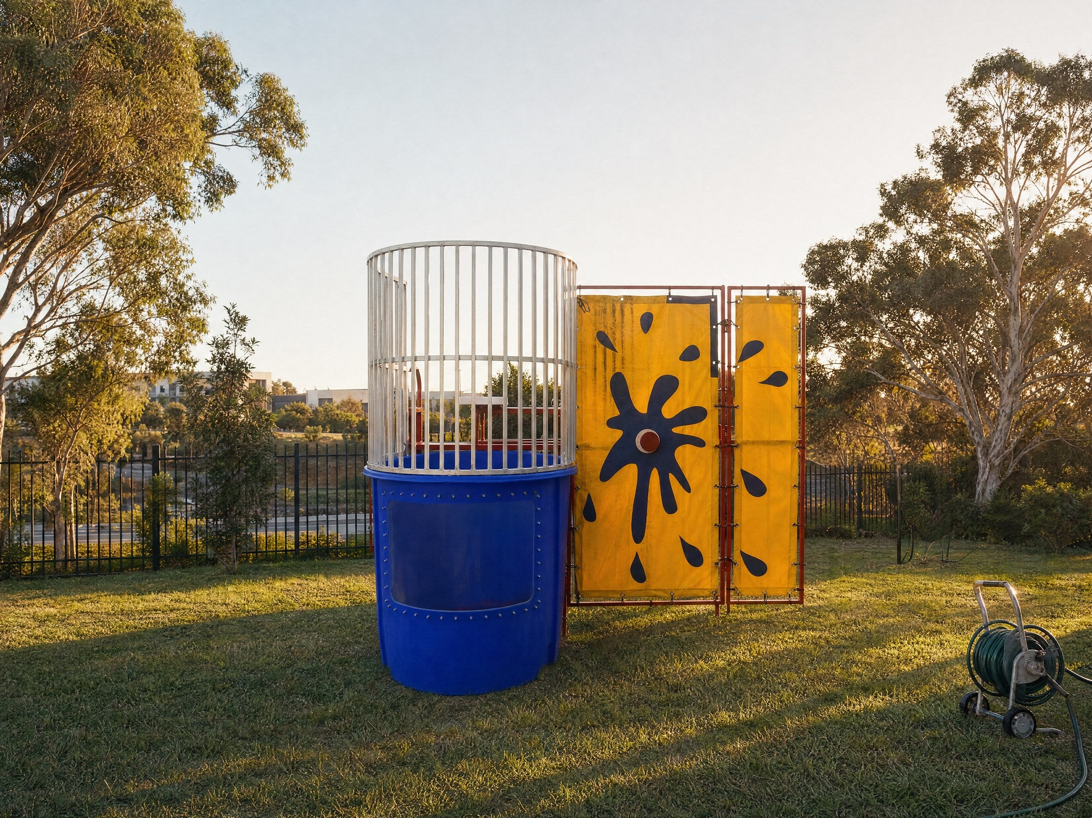 Wide view of the Dunk Tank splash target and trailer, Jump About