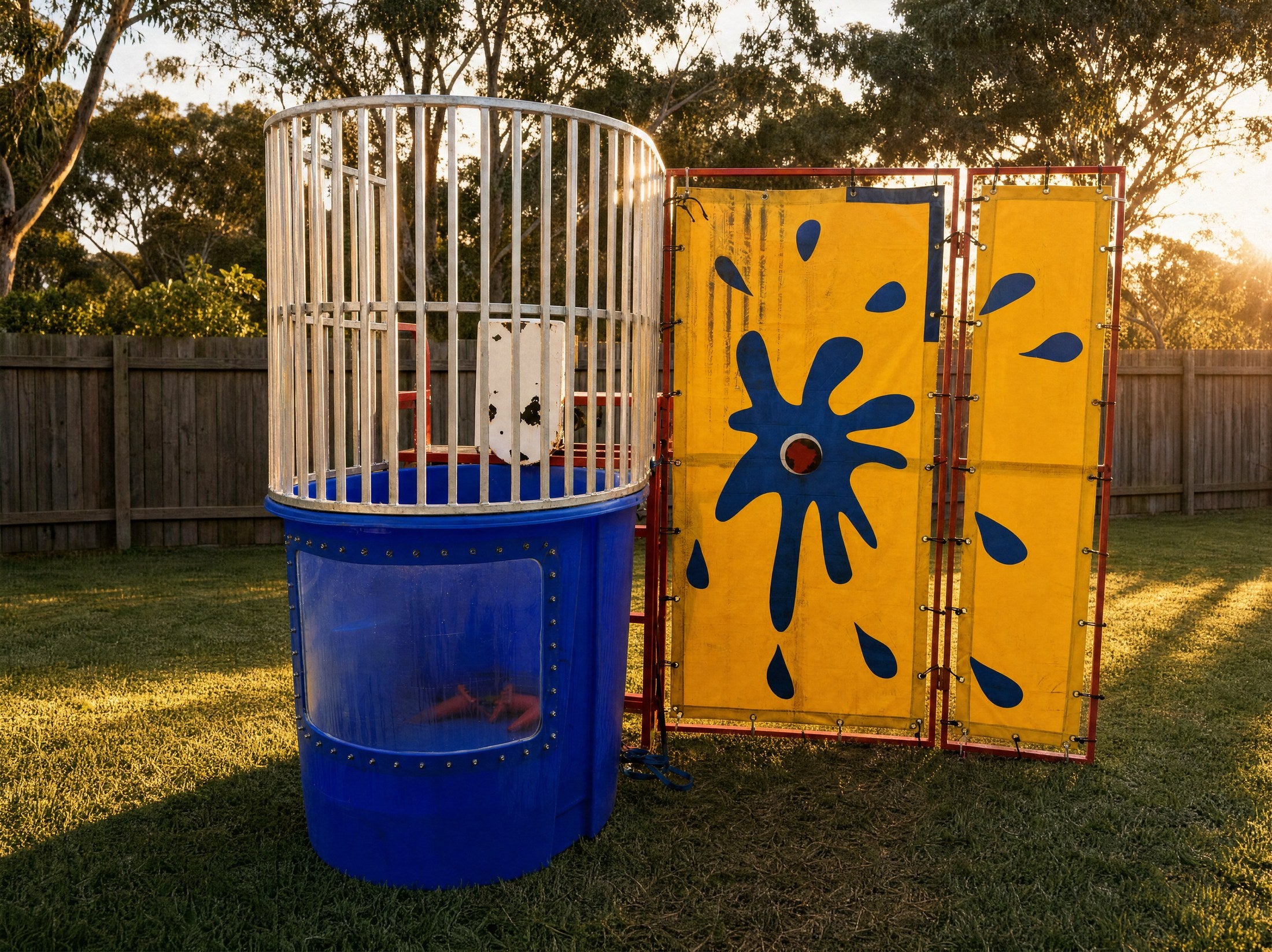 Wide view of the Dunk Tank hire set up for a Central Coast party, Jump About