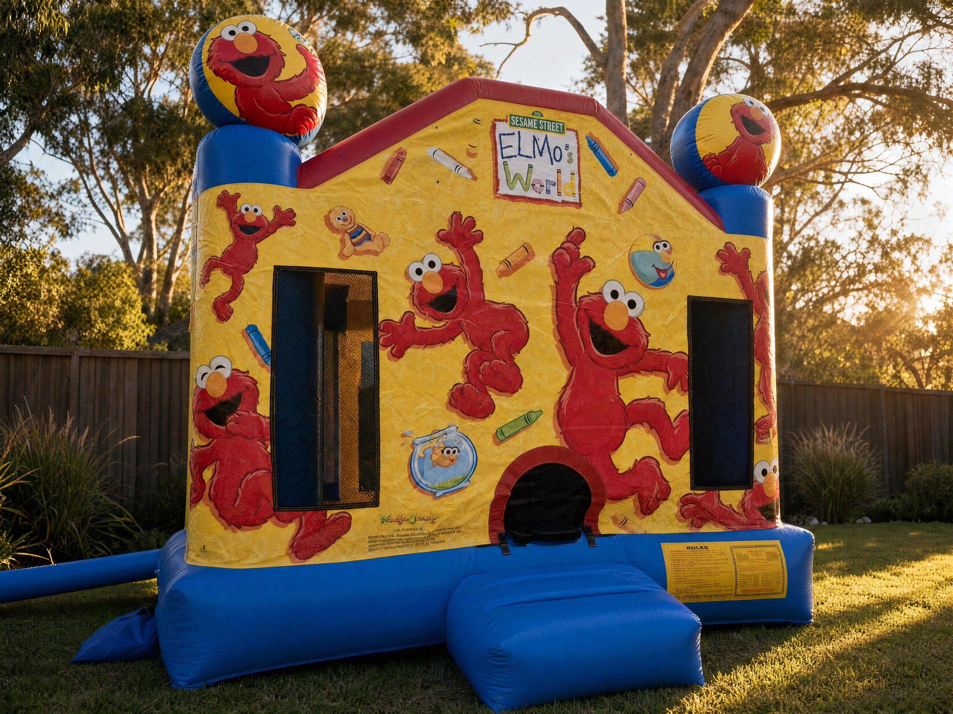 Elmo's World Jumping Castle hire set up for a Central Coast kids party