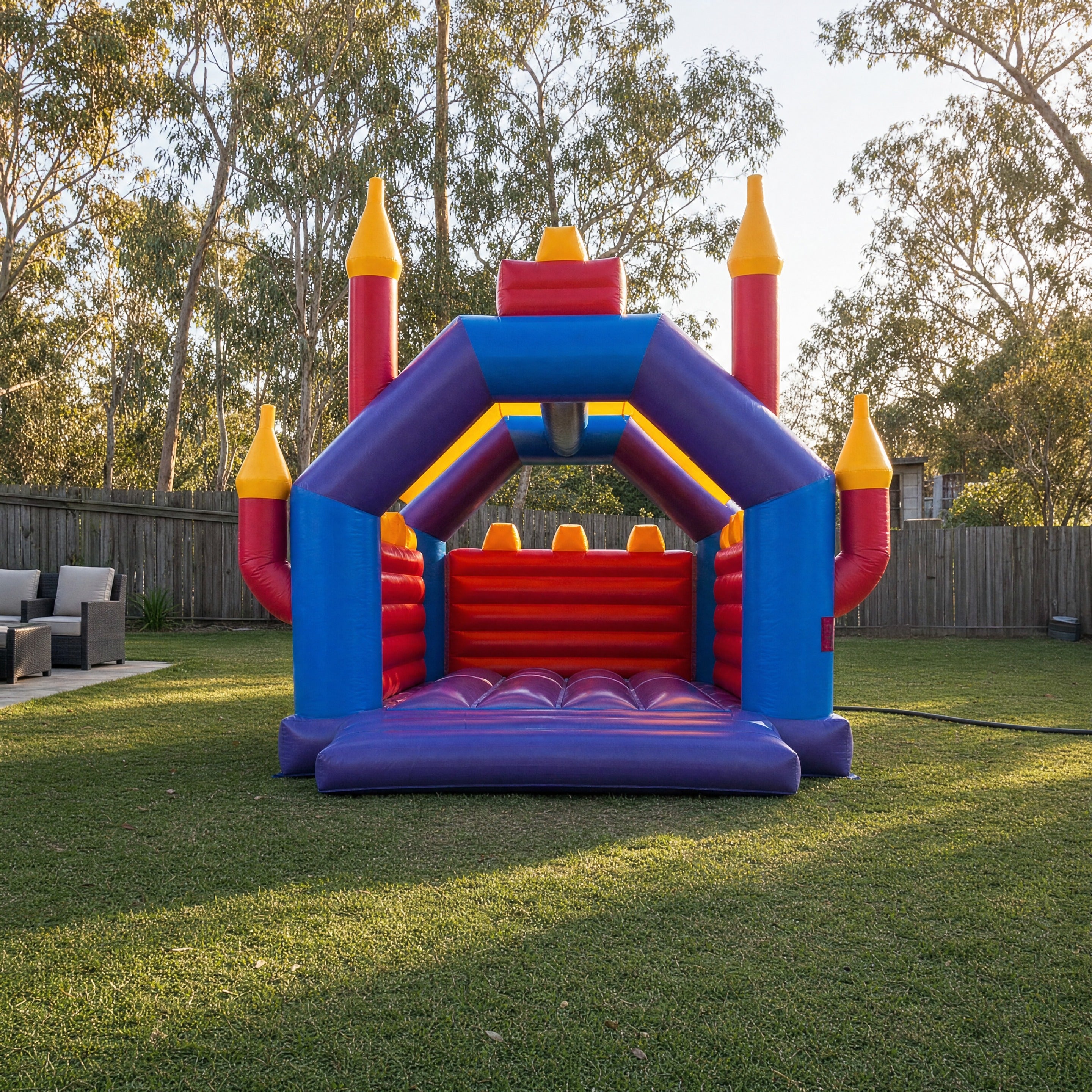 Euro Kids Jumping Castle Hire - pulled back view showing true size in a Central Coast backyard