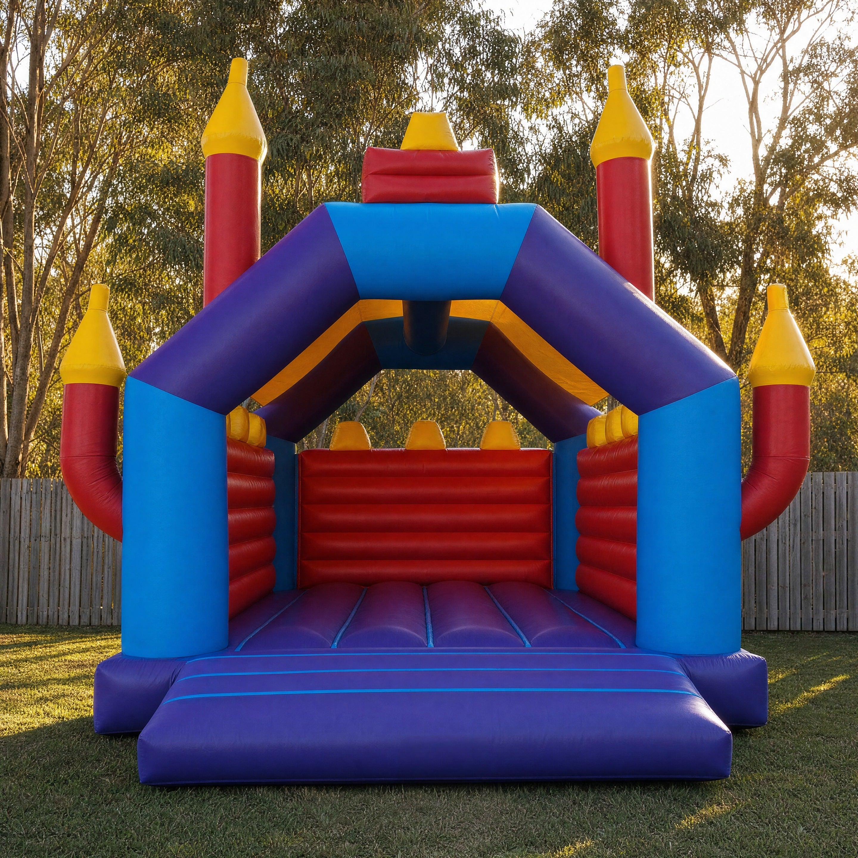 Euro Kids Jumping Castle Hire - straight-on front elevation showing the 6m x 6m open bouncing area