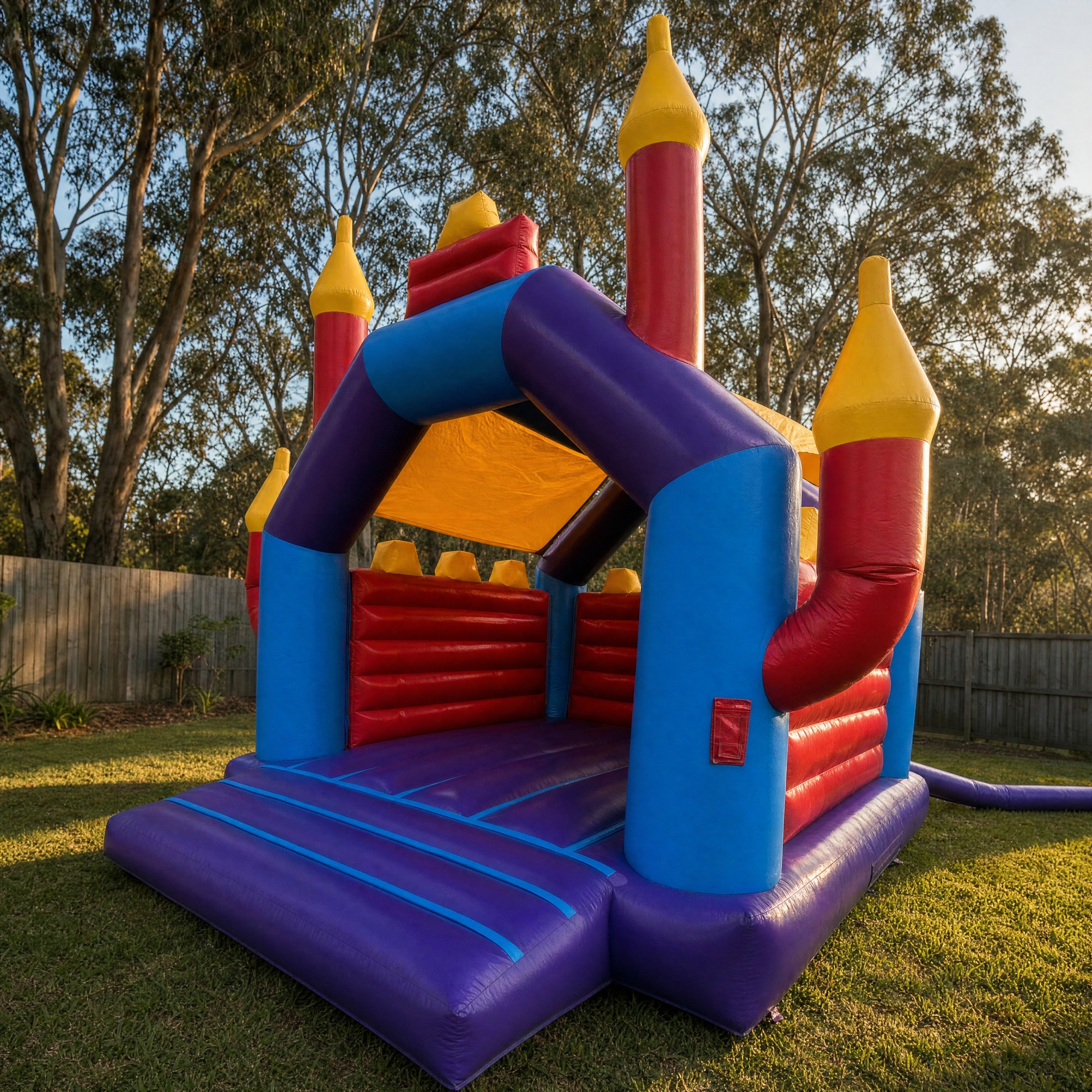 Euro Kids Jumping Castle Hire - front three-quarter view of the real castle in a Central Coast backyard