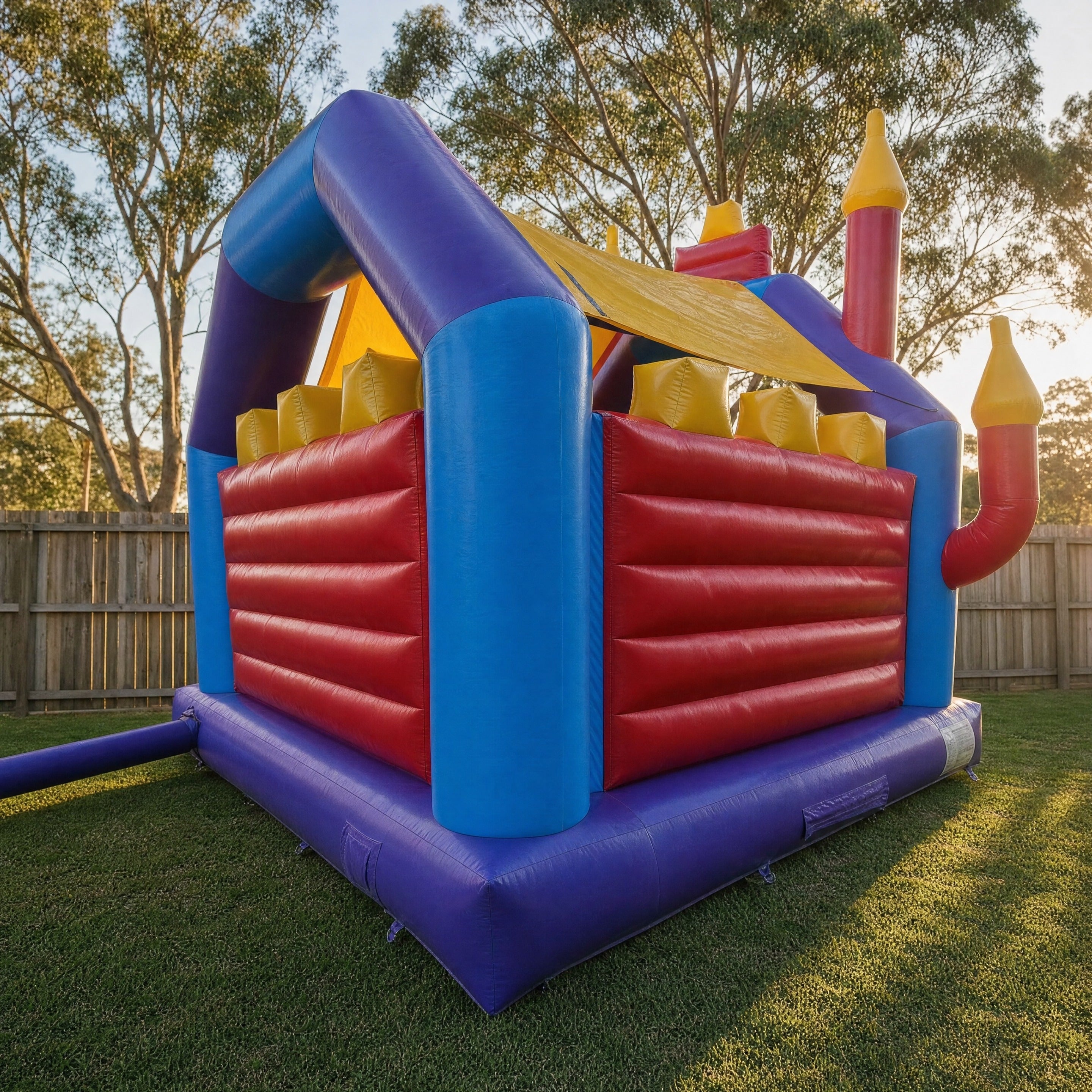 Euro Kids Jumping Castle Hire - side three-quarter view showing the full depth of the castle