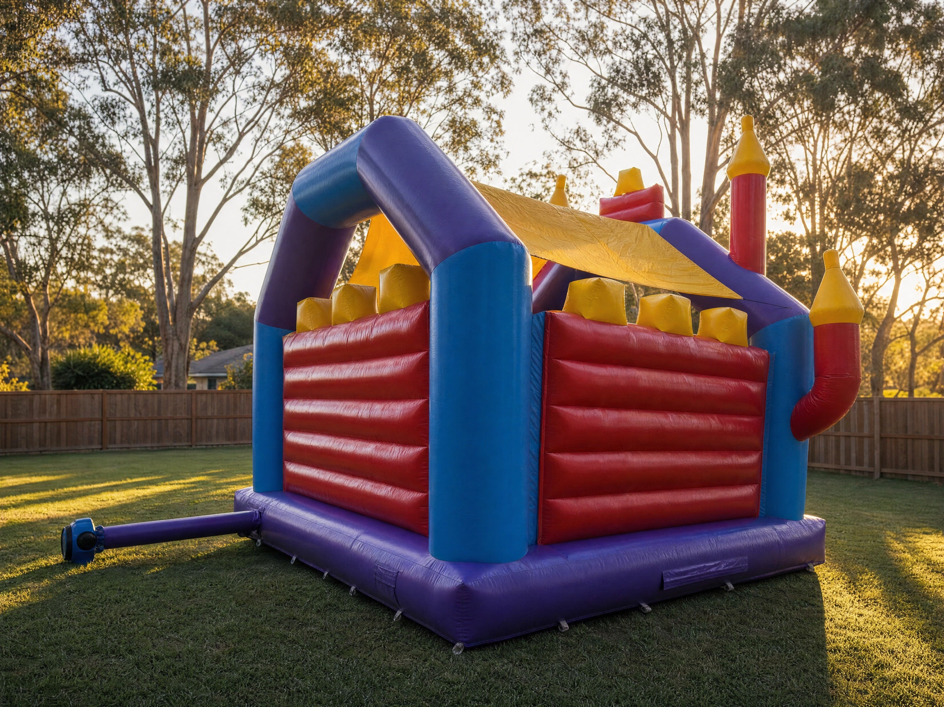 Euro Kids Jumping Castle Hire - wide rear three-quarter view showing yard depth
