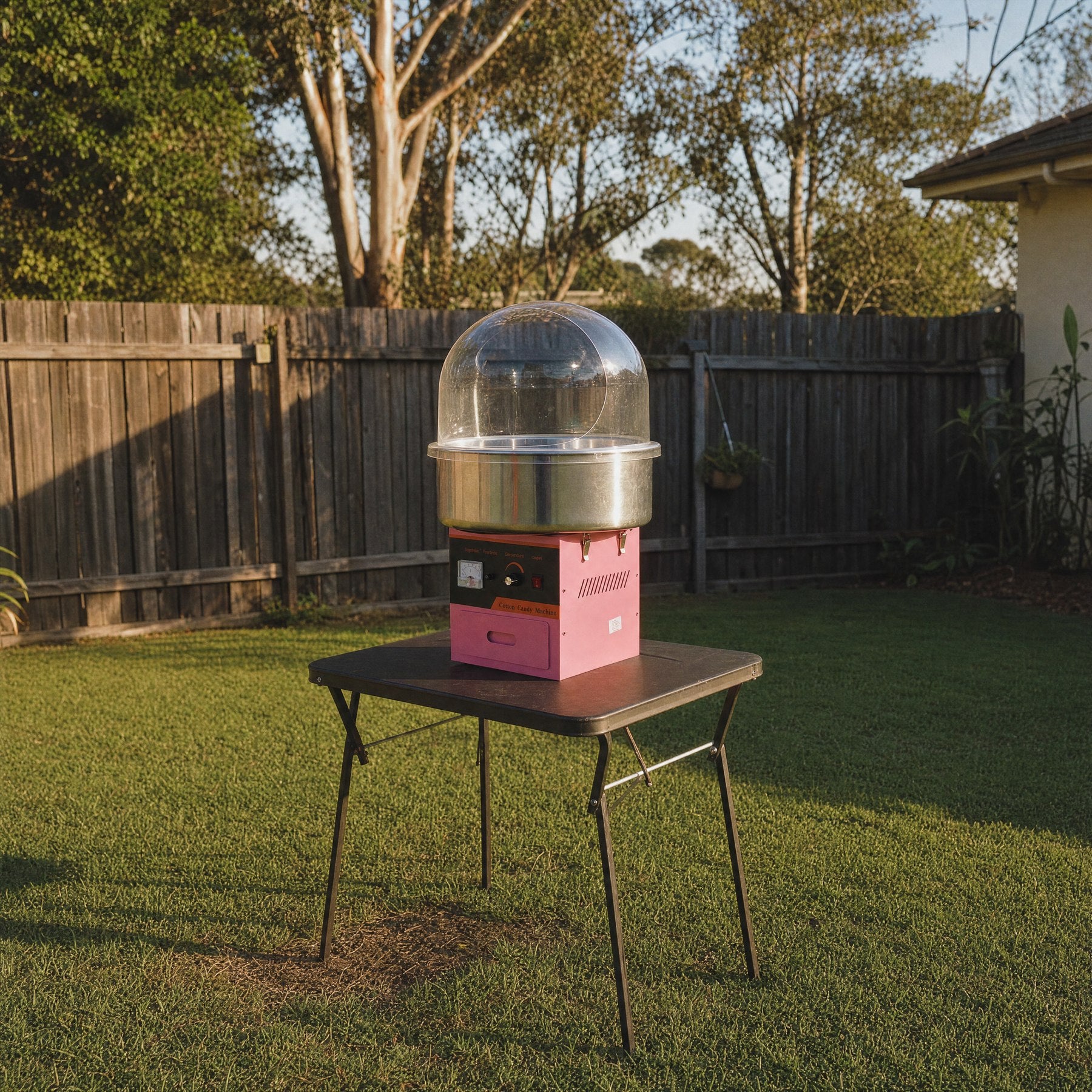 Fairy floss machine on a trestle table in a real Central Coast backyard party setting