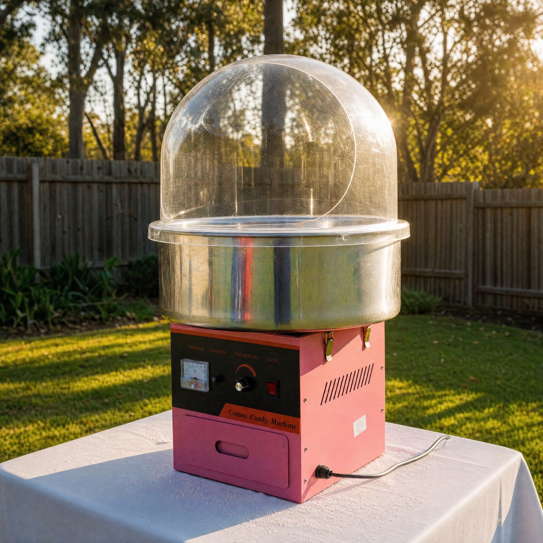 Fairy floss machine set up on a trestle table in a Central Coast backyard at golden hour
