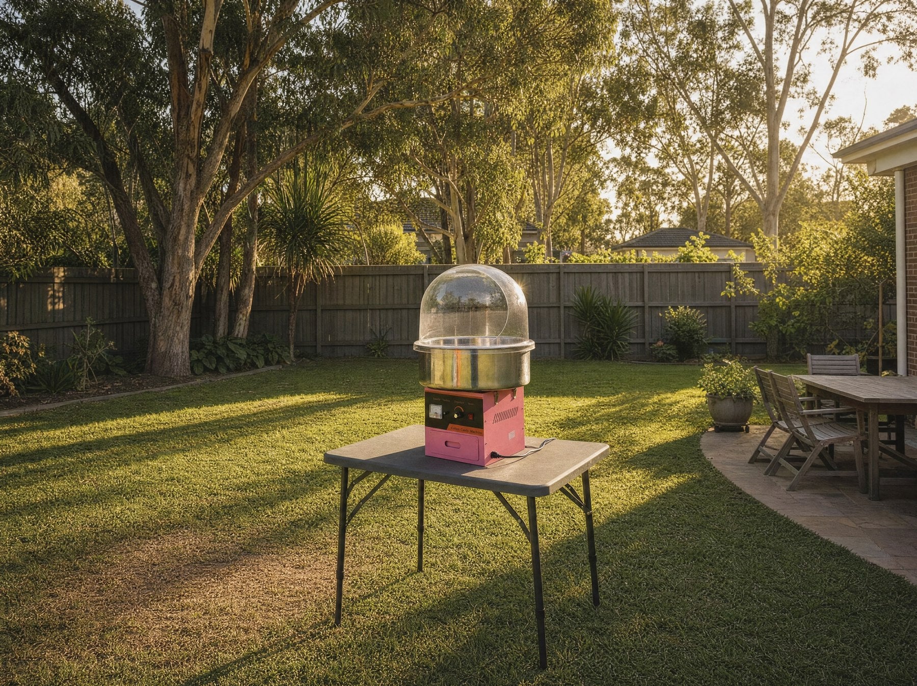Wide scene of a fairy floss machine set up in a full Central Coast backyard with garden furniture