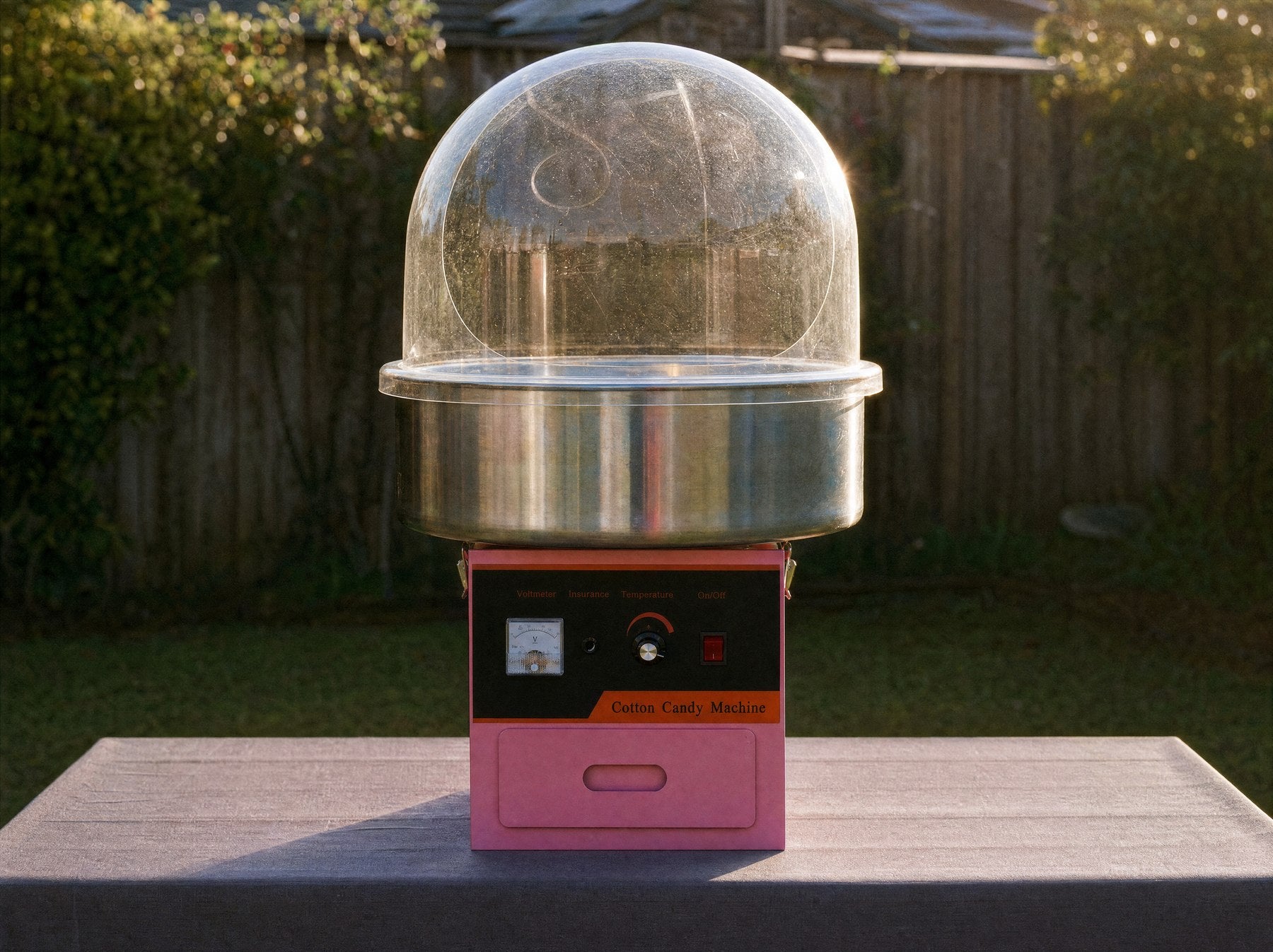 Straight-on wide view of a commercial fairy floss machine on a table at a backyard party