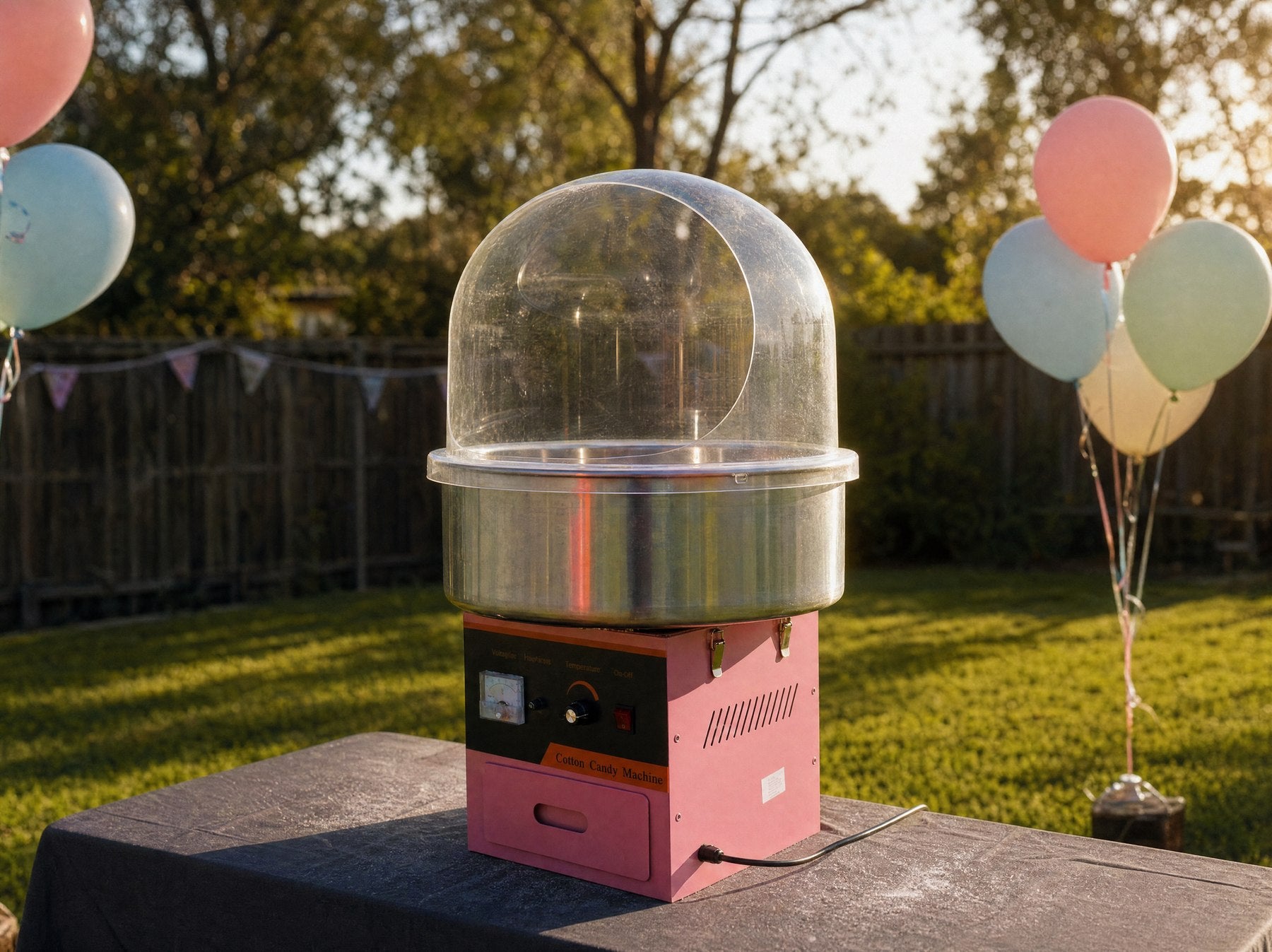 Wide view of a fairy floss machine set up for a party in a Central Coast backyard
