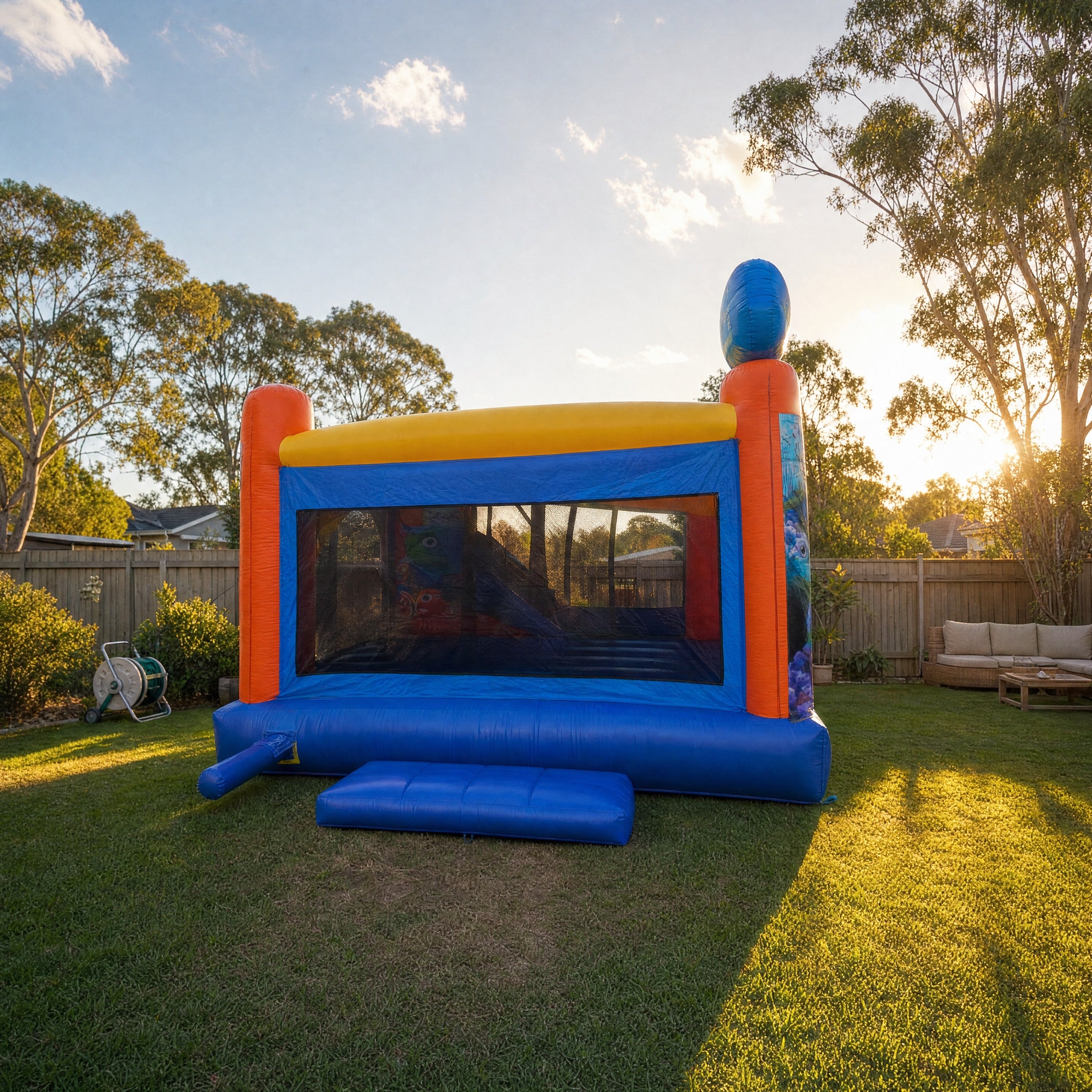 Finding Dory C4 Combo Hire - pulled back view showing true size in a backyard
