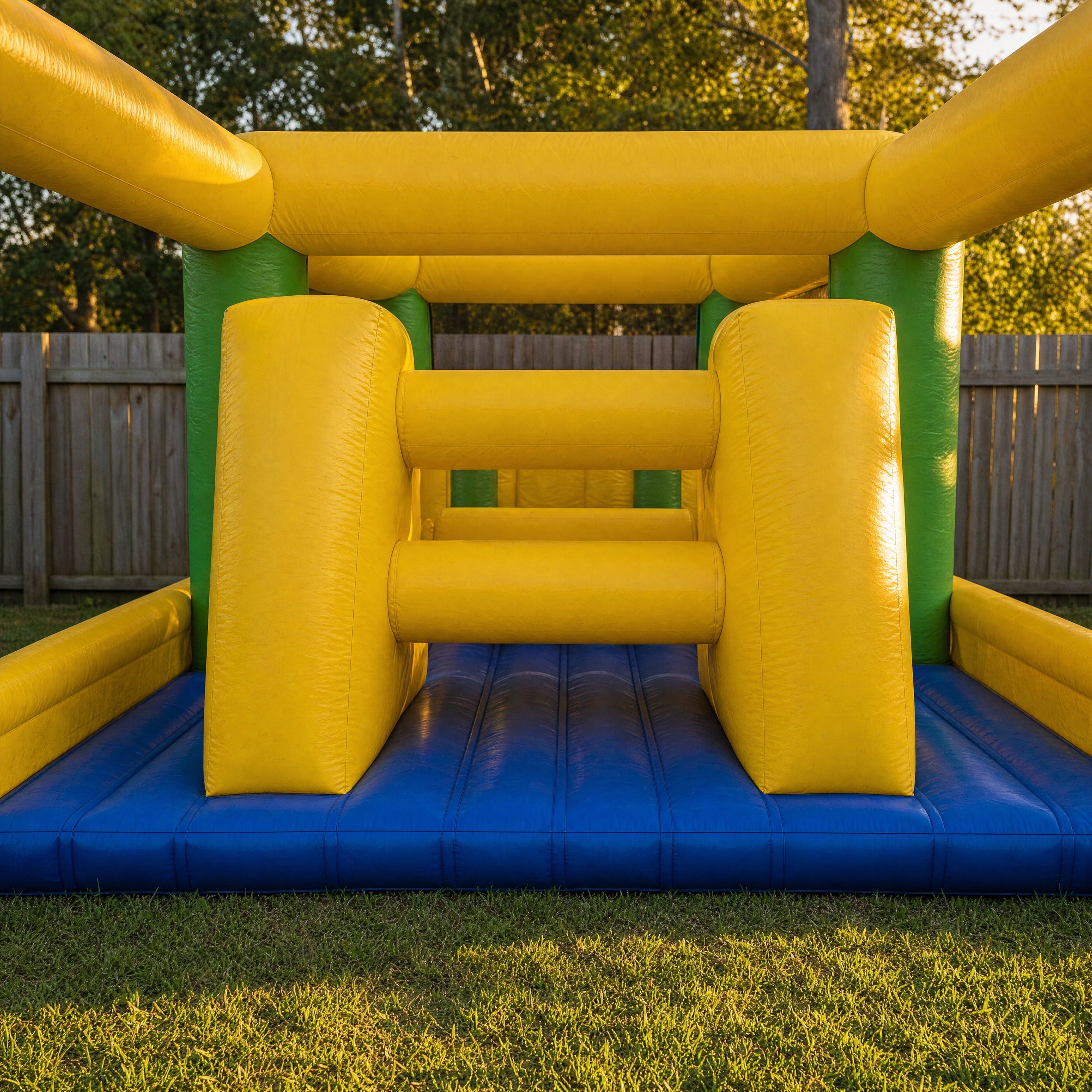 Front entrance archway of the Footy Obstacle Challenge with mesh safety windows