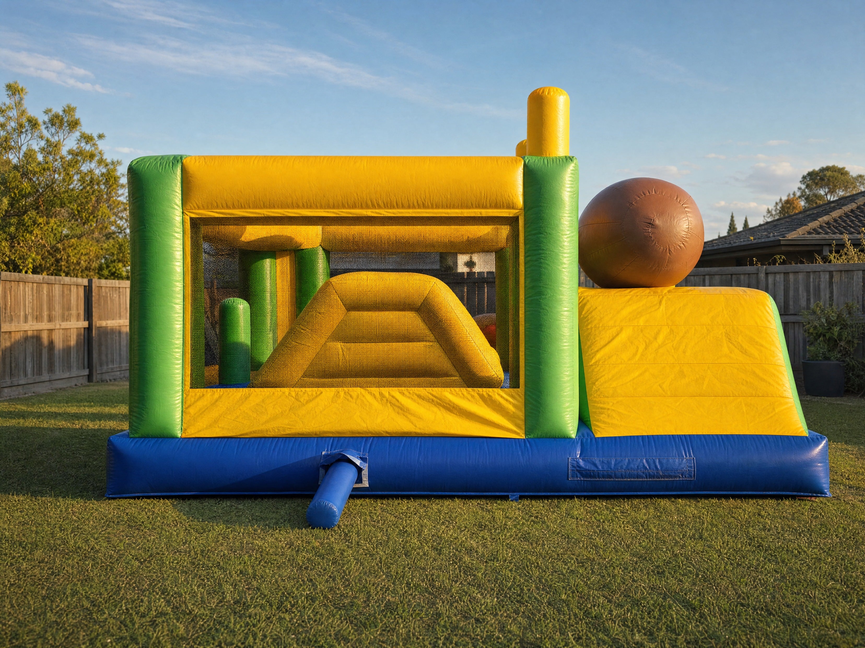 Wide yard scale view of the football shaped feature on the Footy Obstacle Challenge