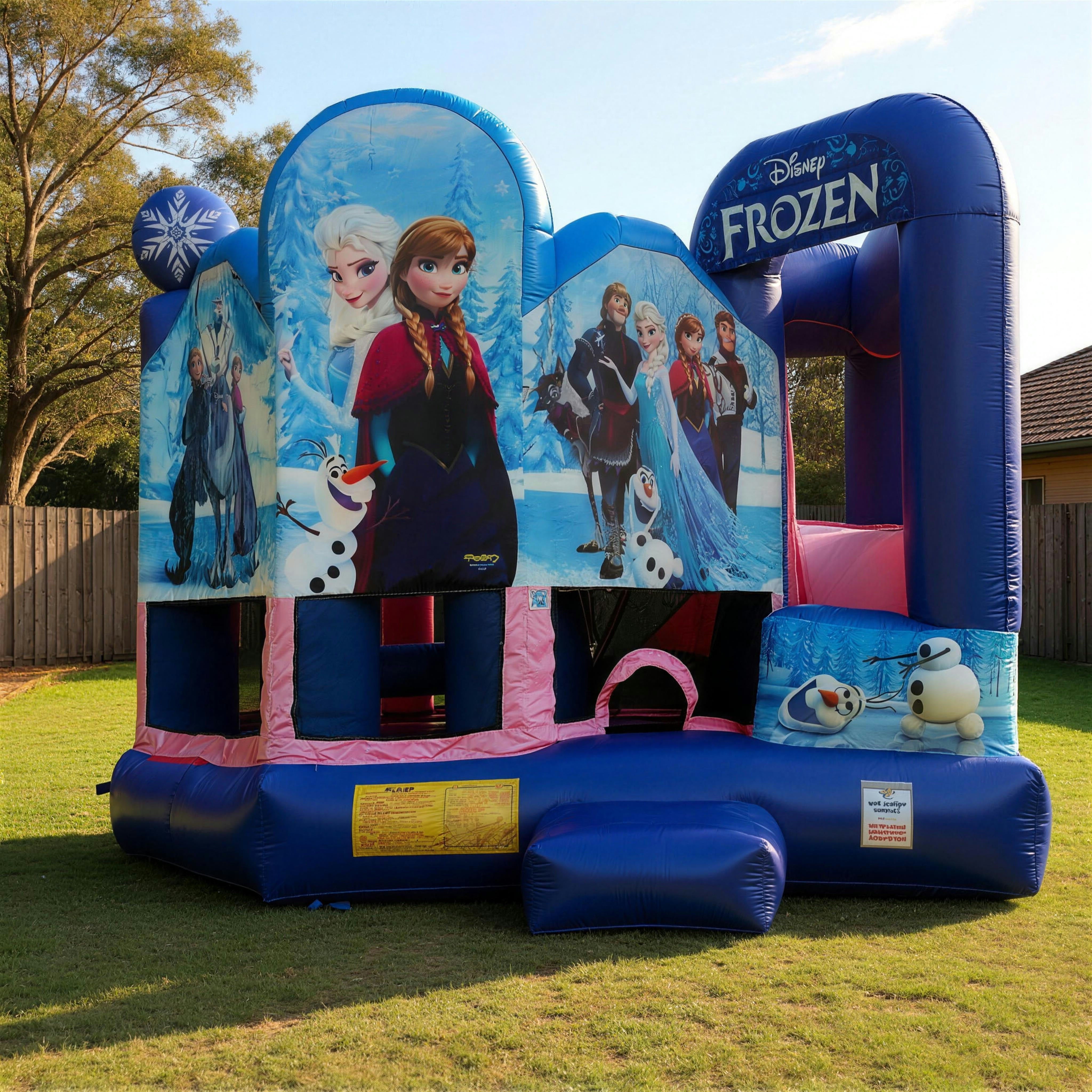 Frozen 5in1 Combo jumping castle with Elsa, Anna and Olaf artwork in a Central Coast backyard