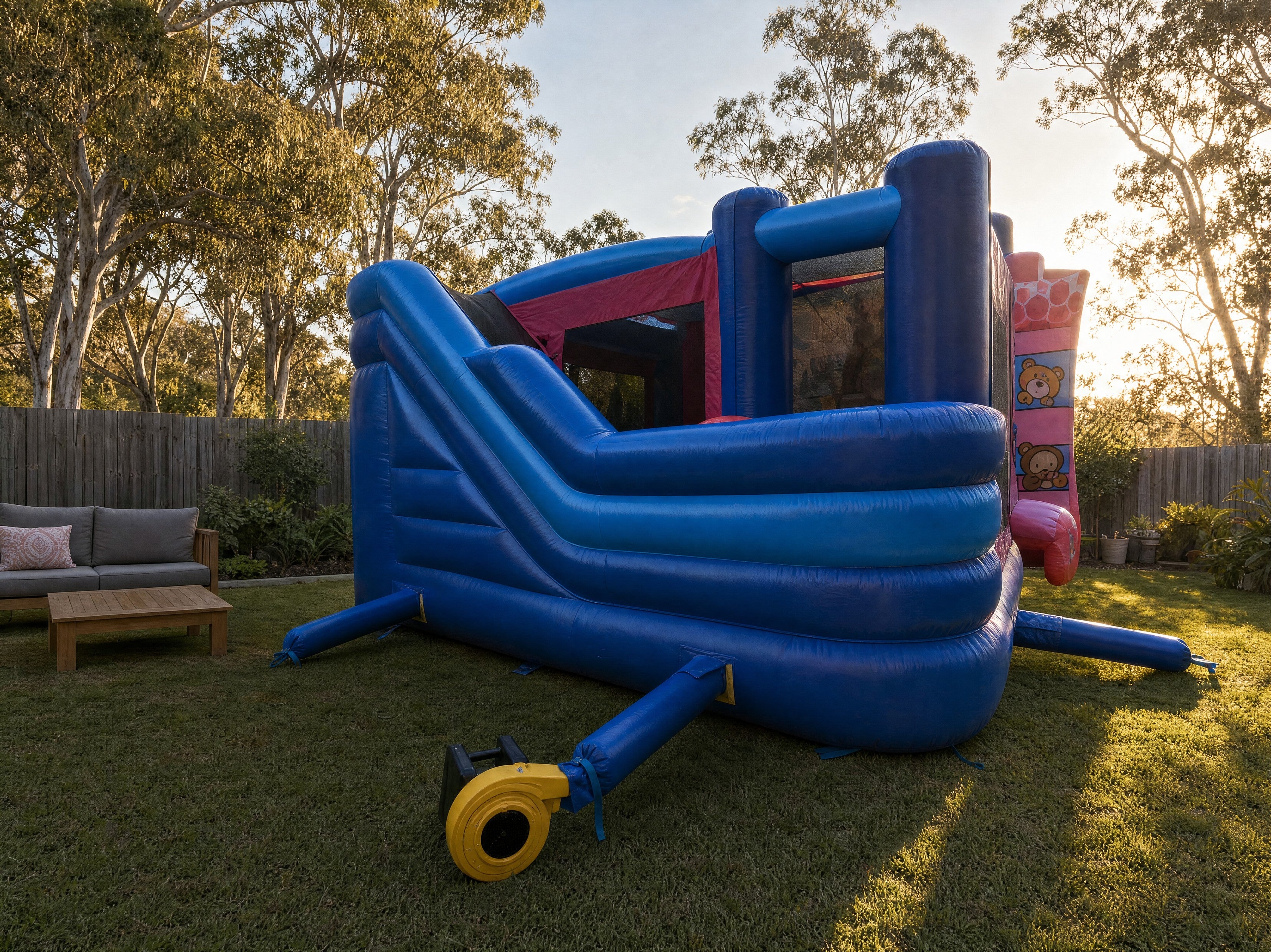Frozen C7 Combo Castle shown at full scale in a Newcastle backyard